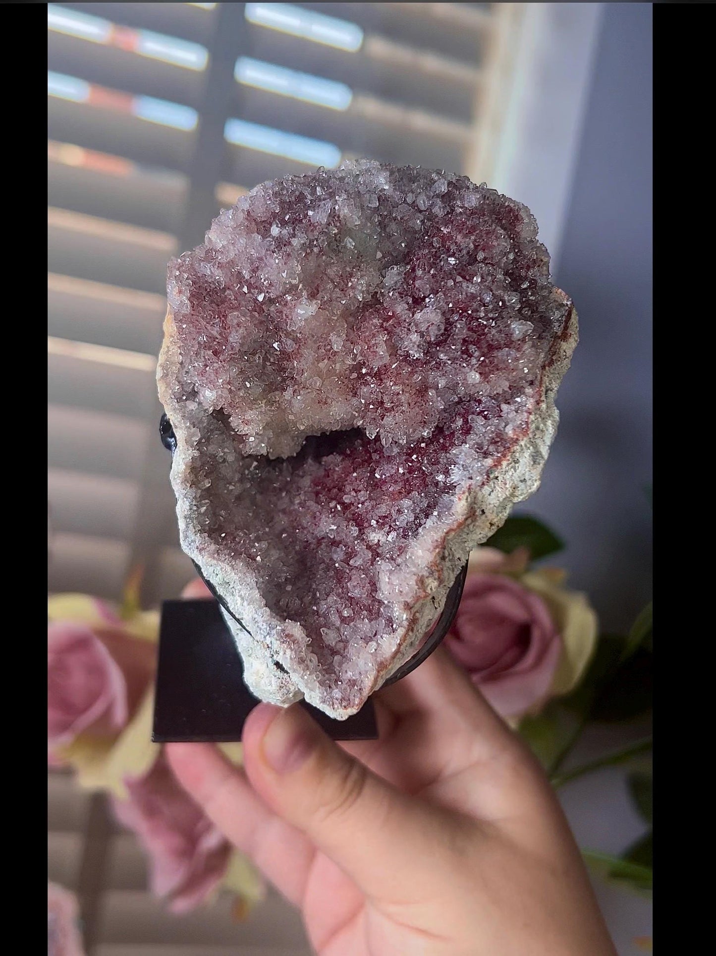 high grade, pink amethyst geode with red and pink toned sugar druzy stand