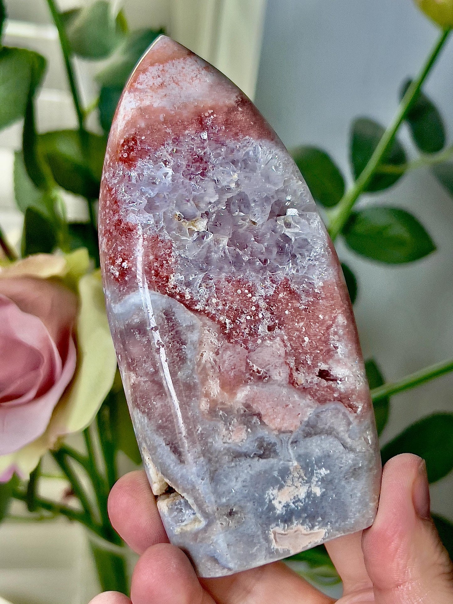 High grade, pink amethyst flame with a red & blue tone and purple quartz druzy