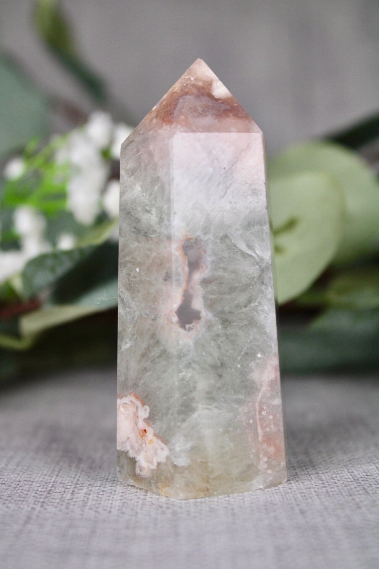 Chlorite flower agate, 6 sided, polished tower 145g 8cm