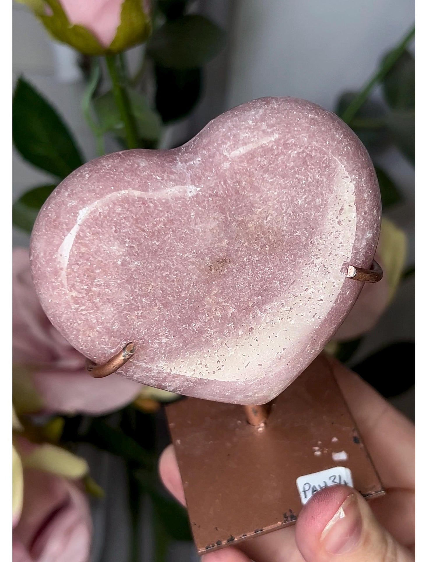 High grade, perfect pink amethyst heart on stand which may be scratched but can easily be repainted