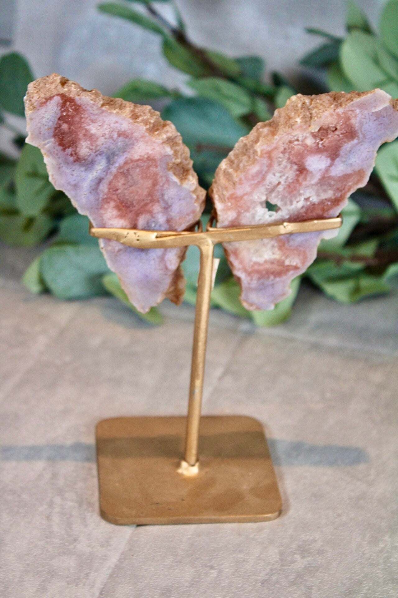 Pink amethyst x flower agate slab butterfly wings on stand