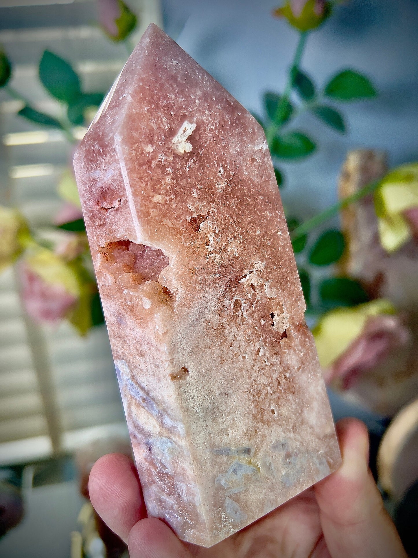 High grade, sunset tones pink amethyst tower 460g