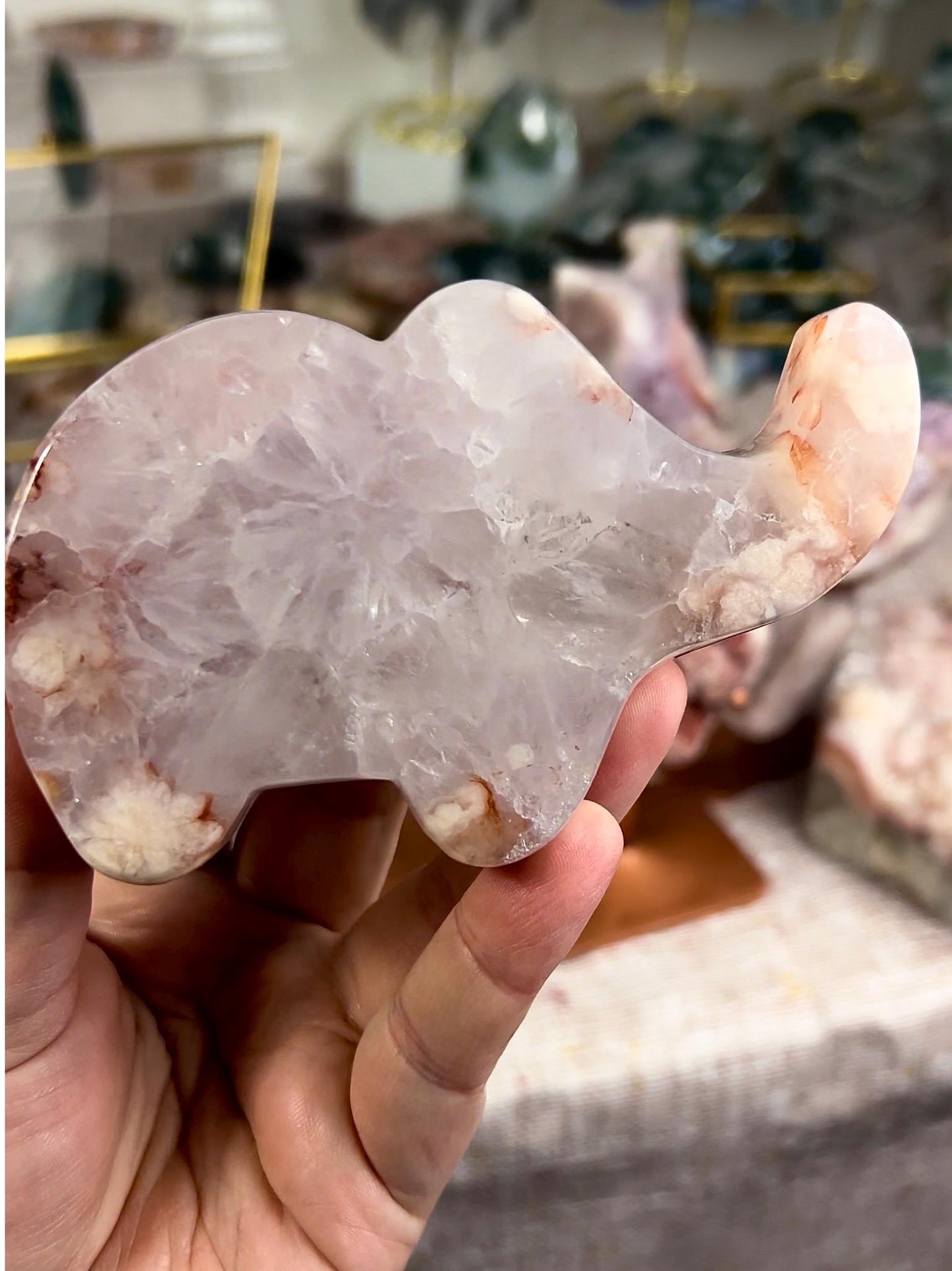 High grade, pink flower agate with high grade, quartz, freestanding, elephant