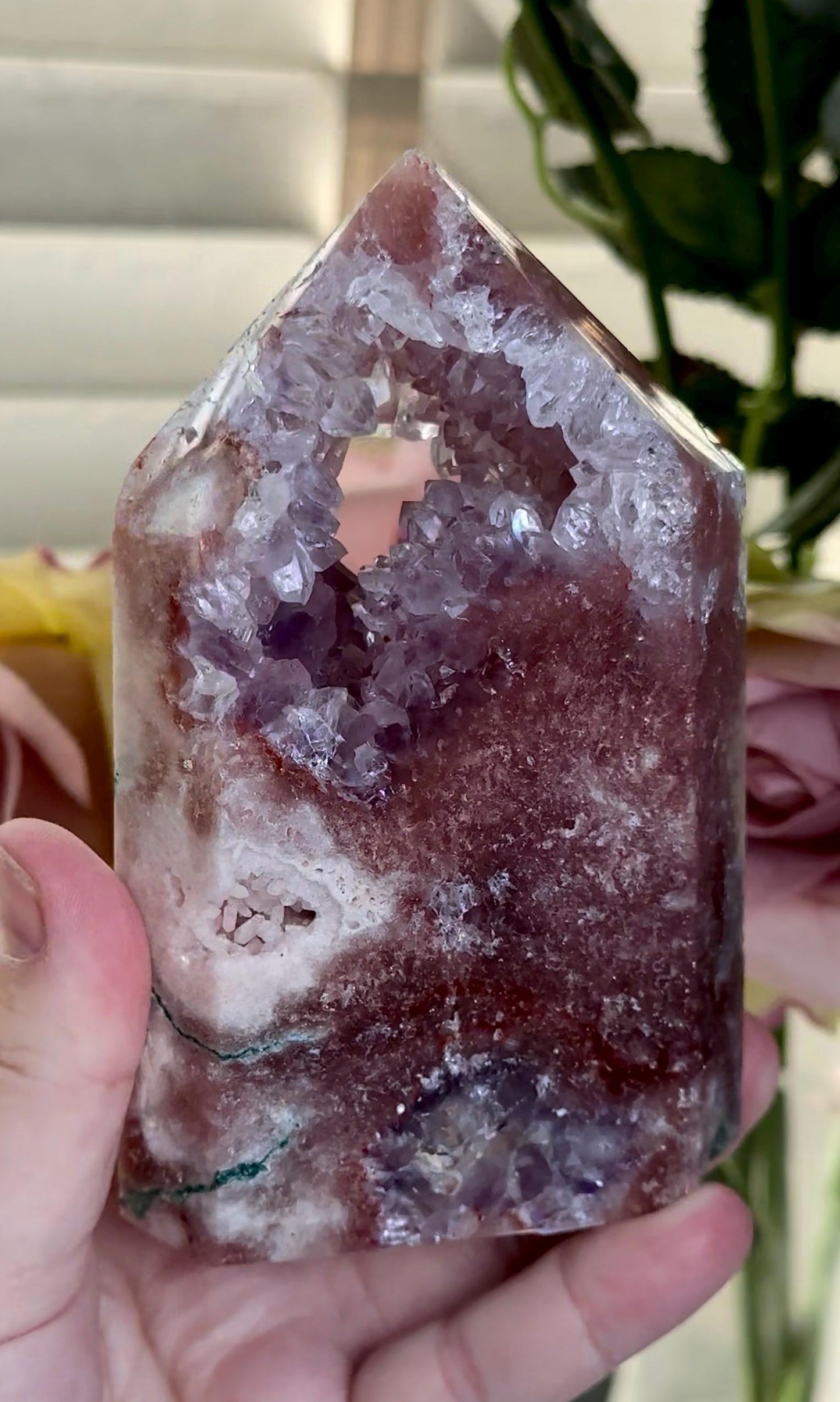 Incredible, High grade, deep pink amethyst tower with purple quartz and flower formation, portal 573g