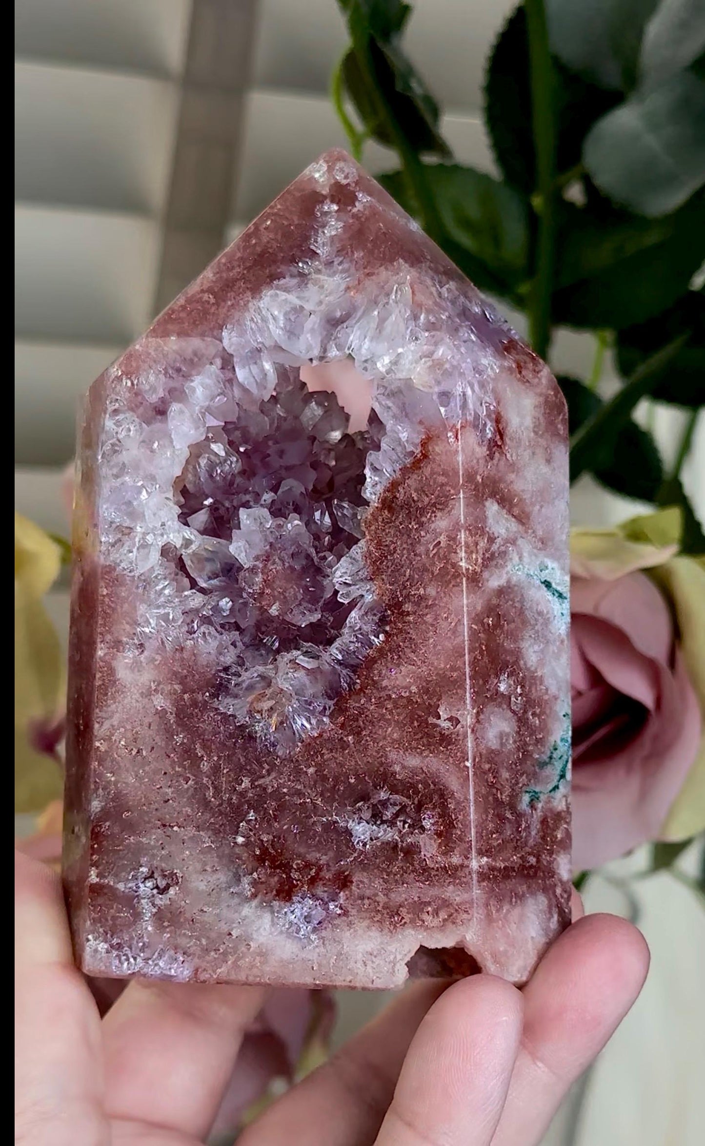 Incredible, High grade, deep pink amethyst tower with purple quartz and flower formation, portal 573g