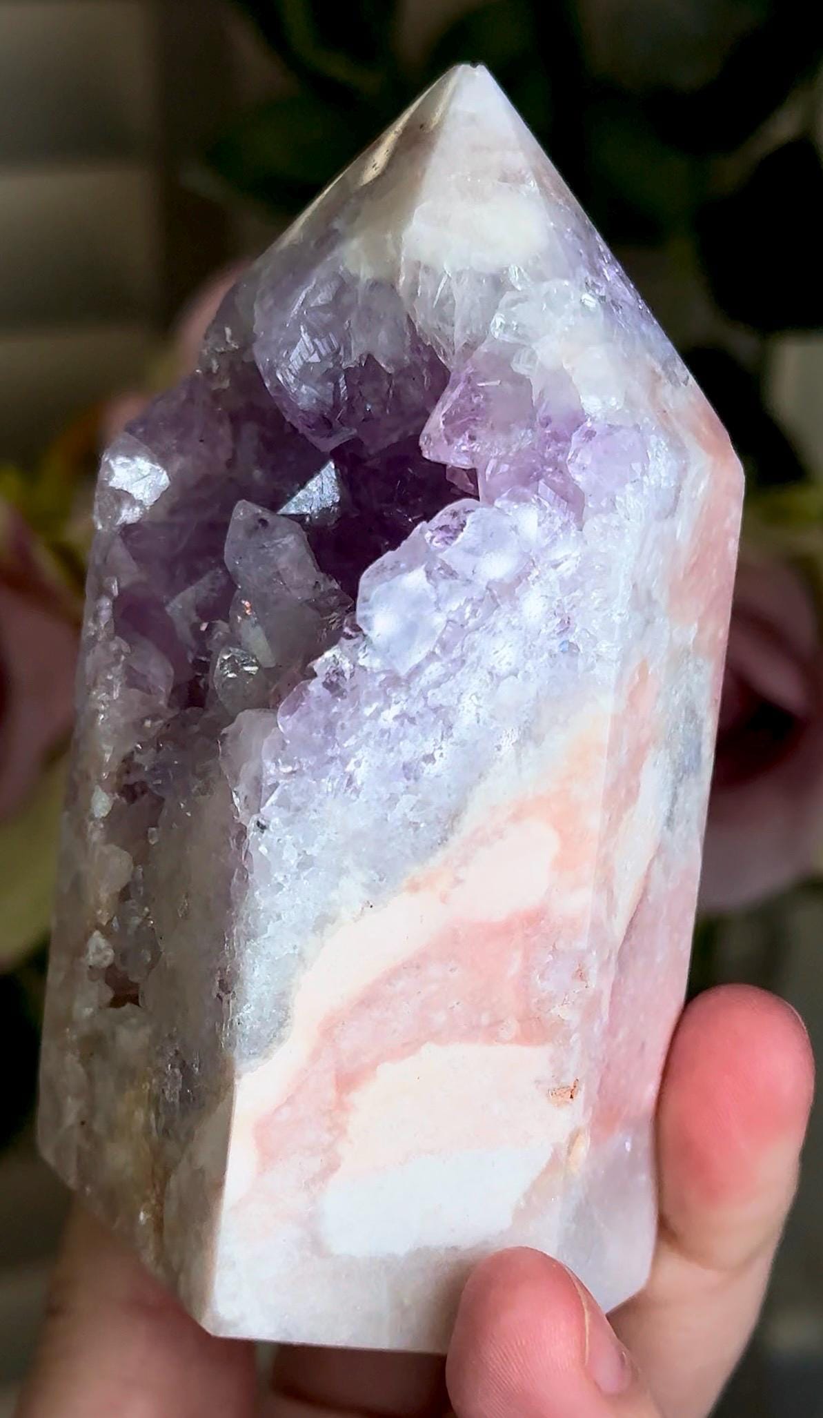 Incredible, High grade, pink amethyst tower with purple quartz 287g