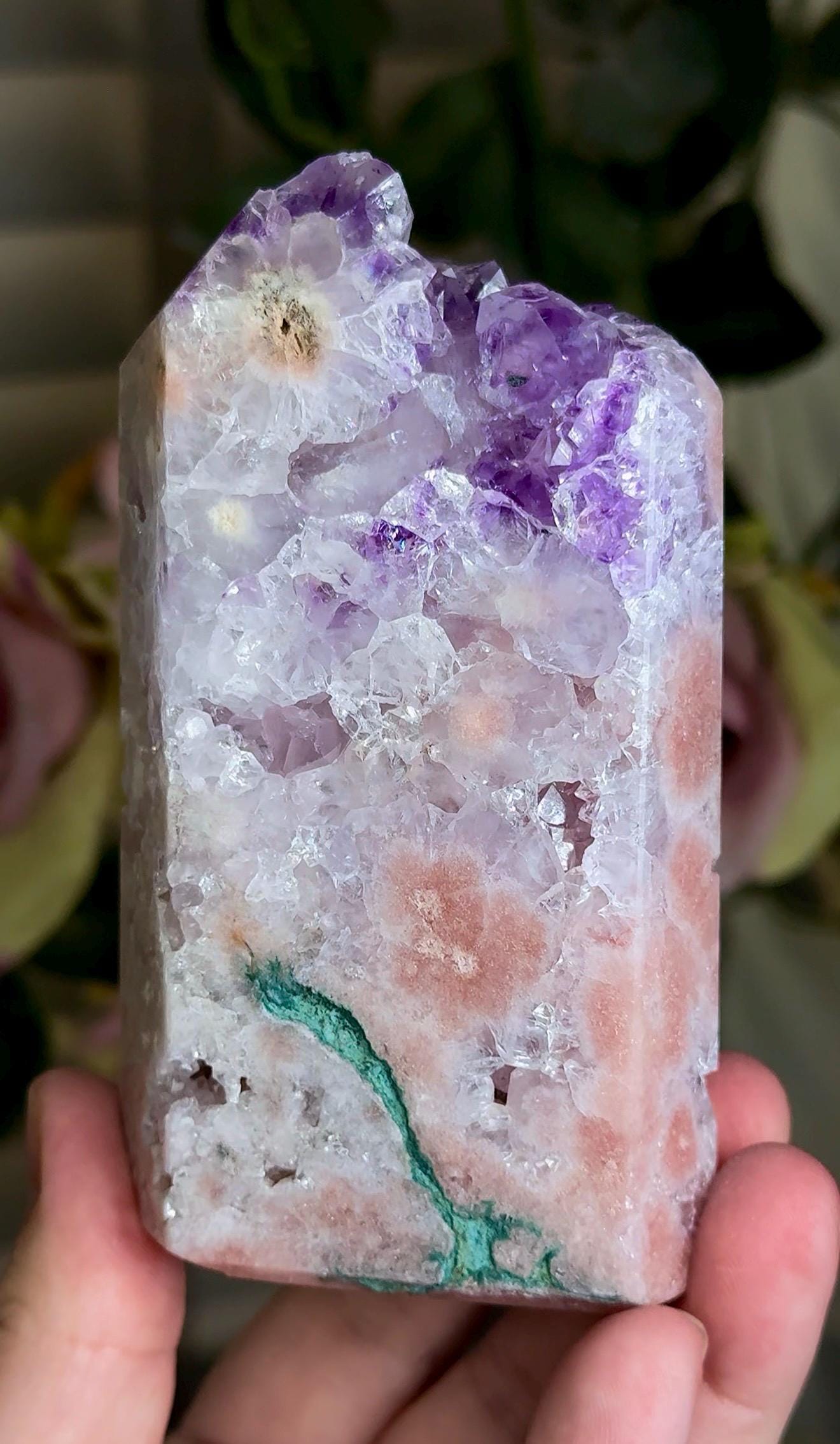Incredible, High grade, pink amethyst tower with purple quartz, green jasper 434g