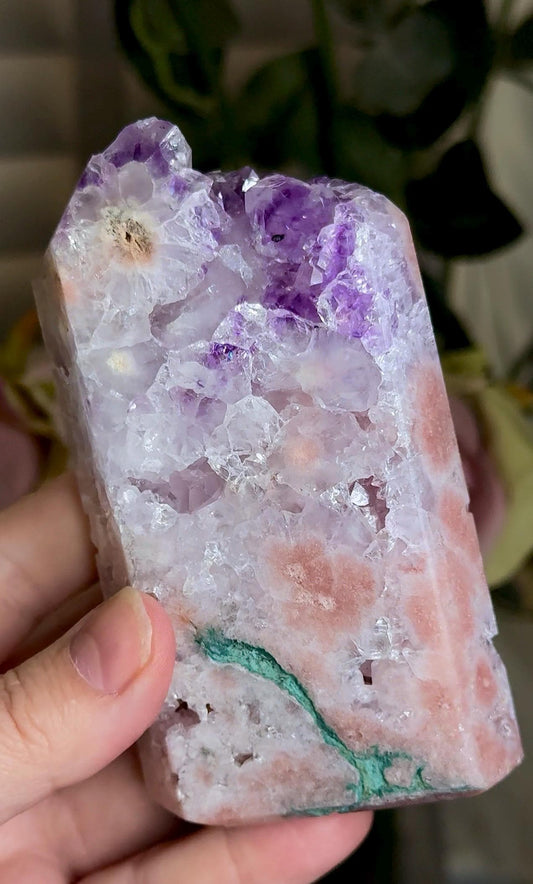 Incredible, High grade, pink amethyst tower with purple quartz, green jasper 434g