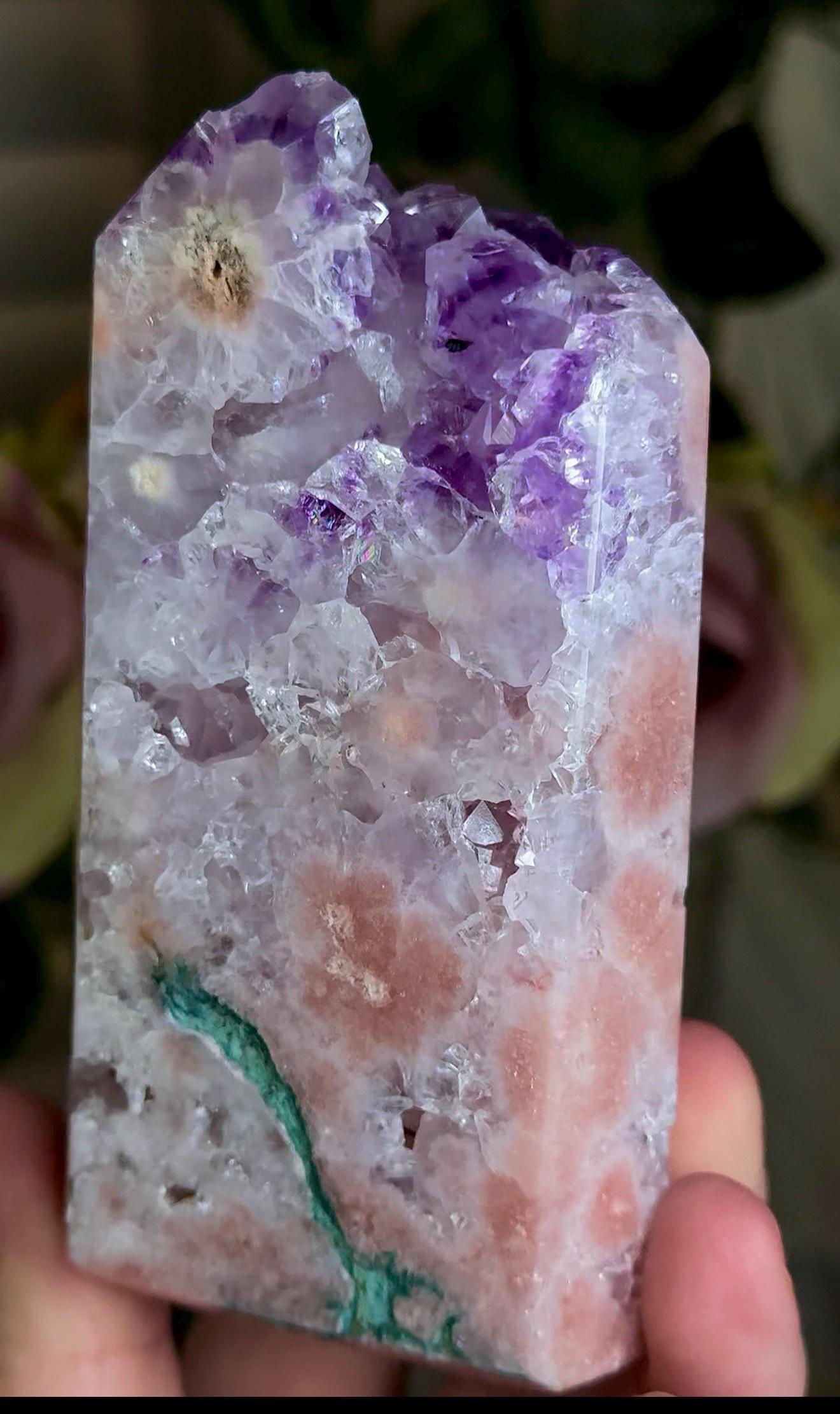 Incredible, High grade, pink amethyst tower with purple quartz, green jasper 434g