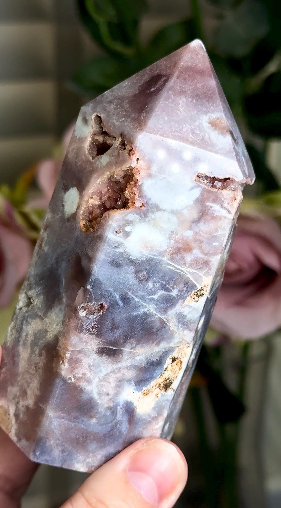 Incredible, High grade, pink amethyst tower in gorgeous moody purple/ble/grey tones with sugar Druze 354g
