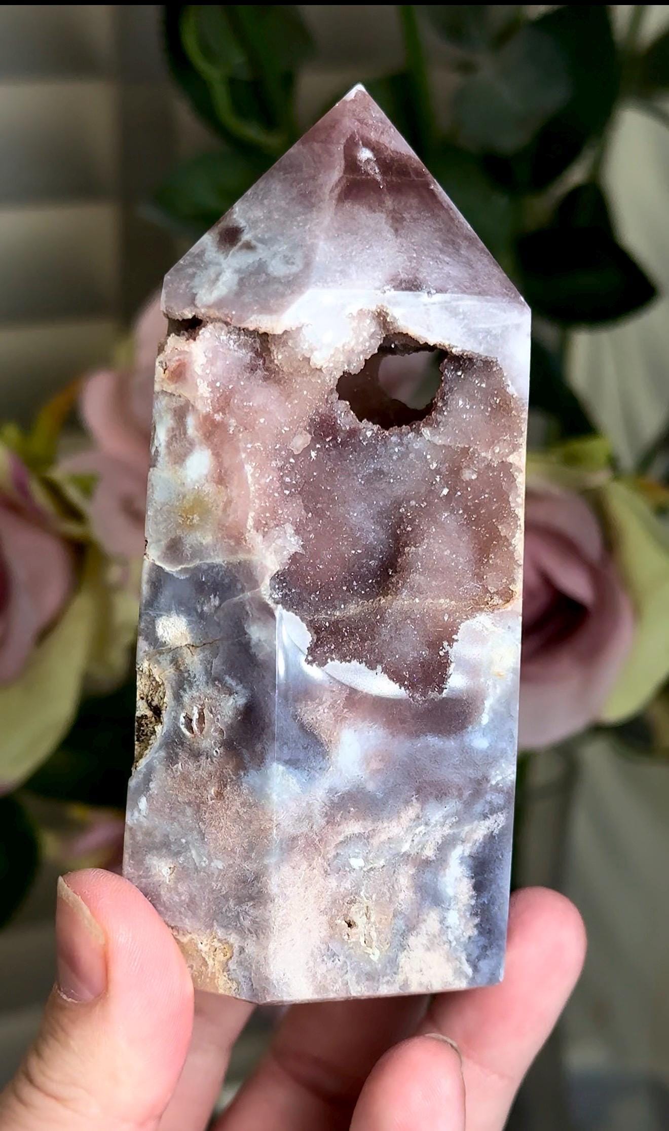 Incredible, High grade, pink amethyst tower in gorgeous moody purple/ble/grey tones with sugar Druze 354g