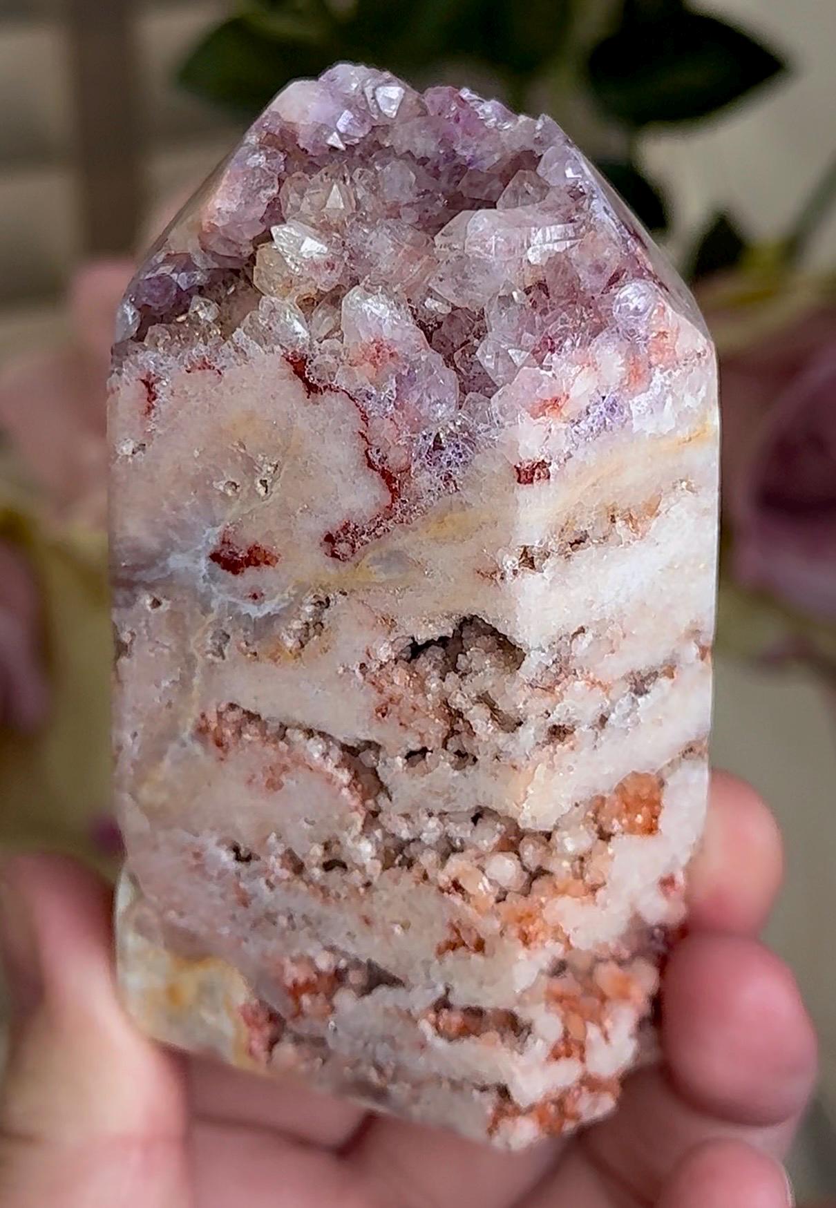 Incredible, High grade, pink amethyst, tower with incredible bubble formations in pink, red, lemon & purple tones 294g 9cm