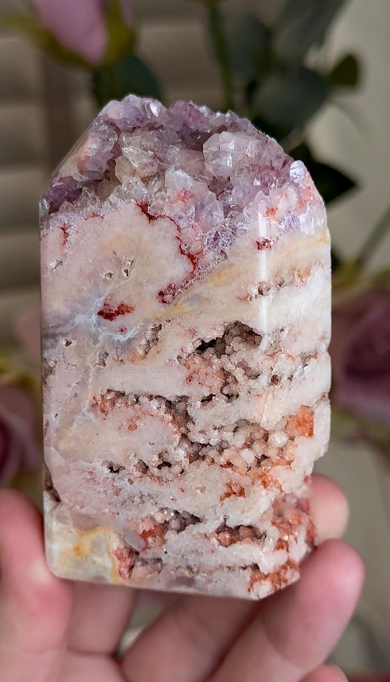 Incredible, High grade, pink amethyst, tower with incredible bubble formations in pink, red, lemon & purple tones 294g 9cm