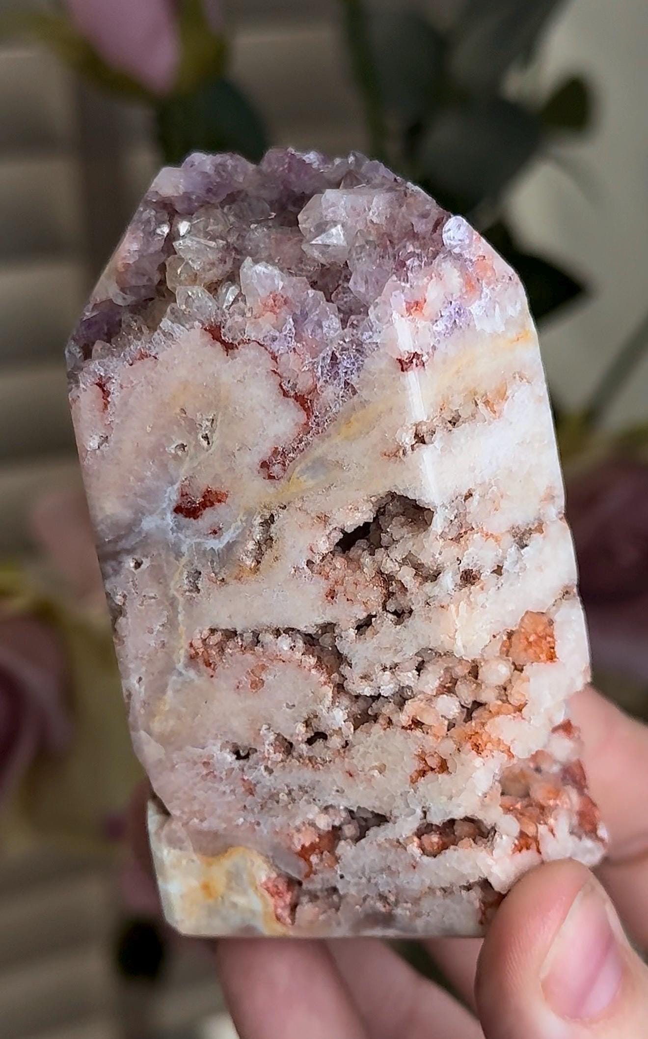 Incredible, High grade, pink amethyst, tower with incredible bubble formations in pink, red, lemon & purple tones 294g 9cm