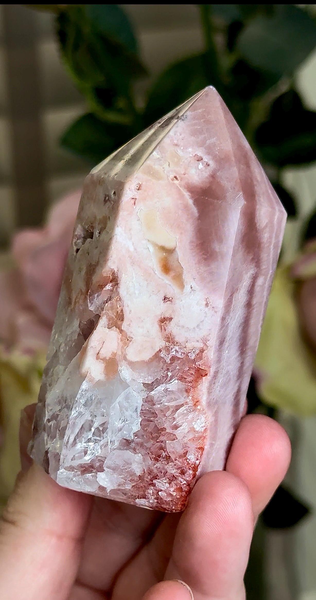 Incredible, pink amethyst, tower with quartz & red hematite 195g 8.5cm