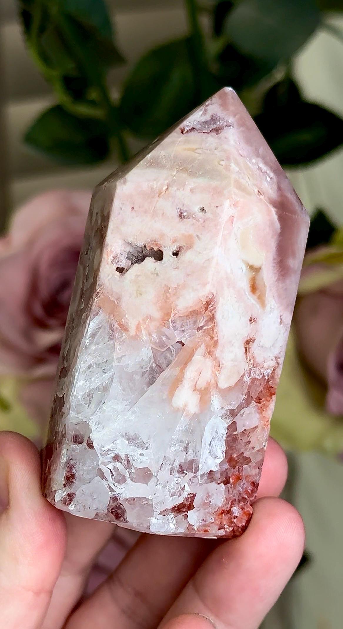 Incredible, pink amethyst, tower with quartz & red hematite 195g 8.5cm