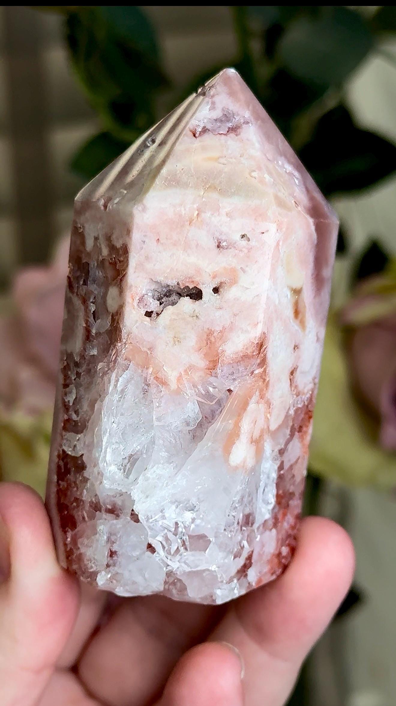 Incredible, pink amethyst, tower with quartz & red hematite 195g 8.5cm