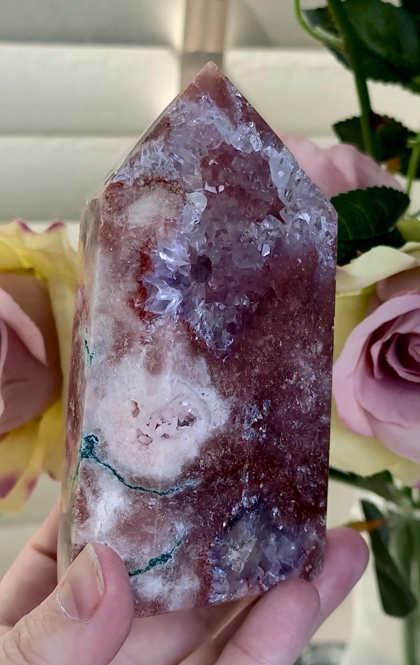 Incredible, High grade, deep pink amethyst tower with purple quartz and flower formation, portal 573g