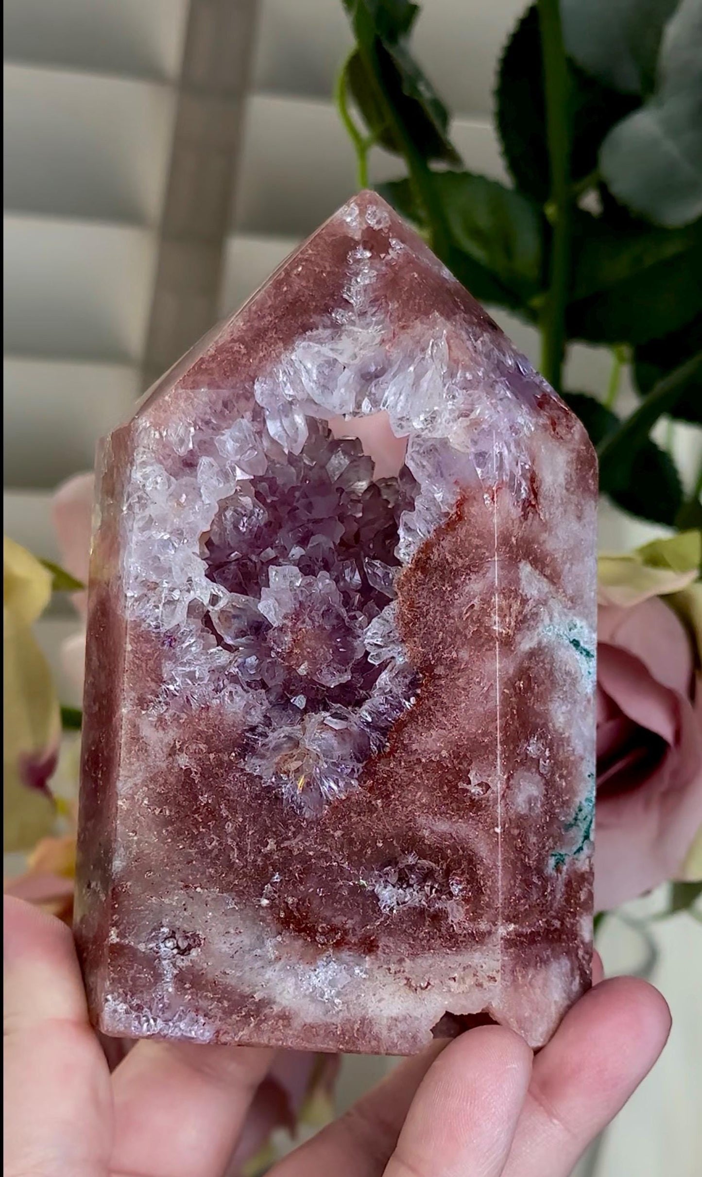 Incredible, High grade, deep pink amethyst tower with purple quartz and flower formation, portal 573g