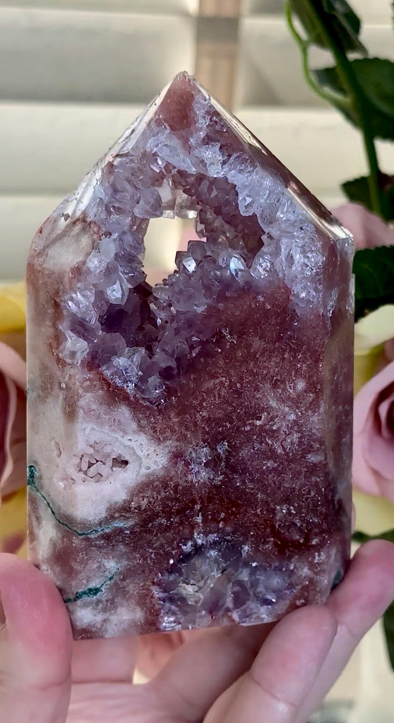 Incredible, High grade, deep pink amethyst tower with purple quartz and flower formation, portal 573g