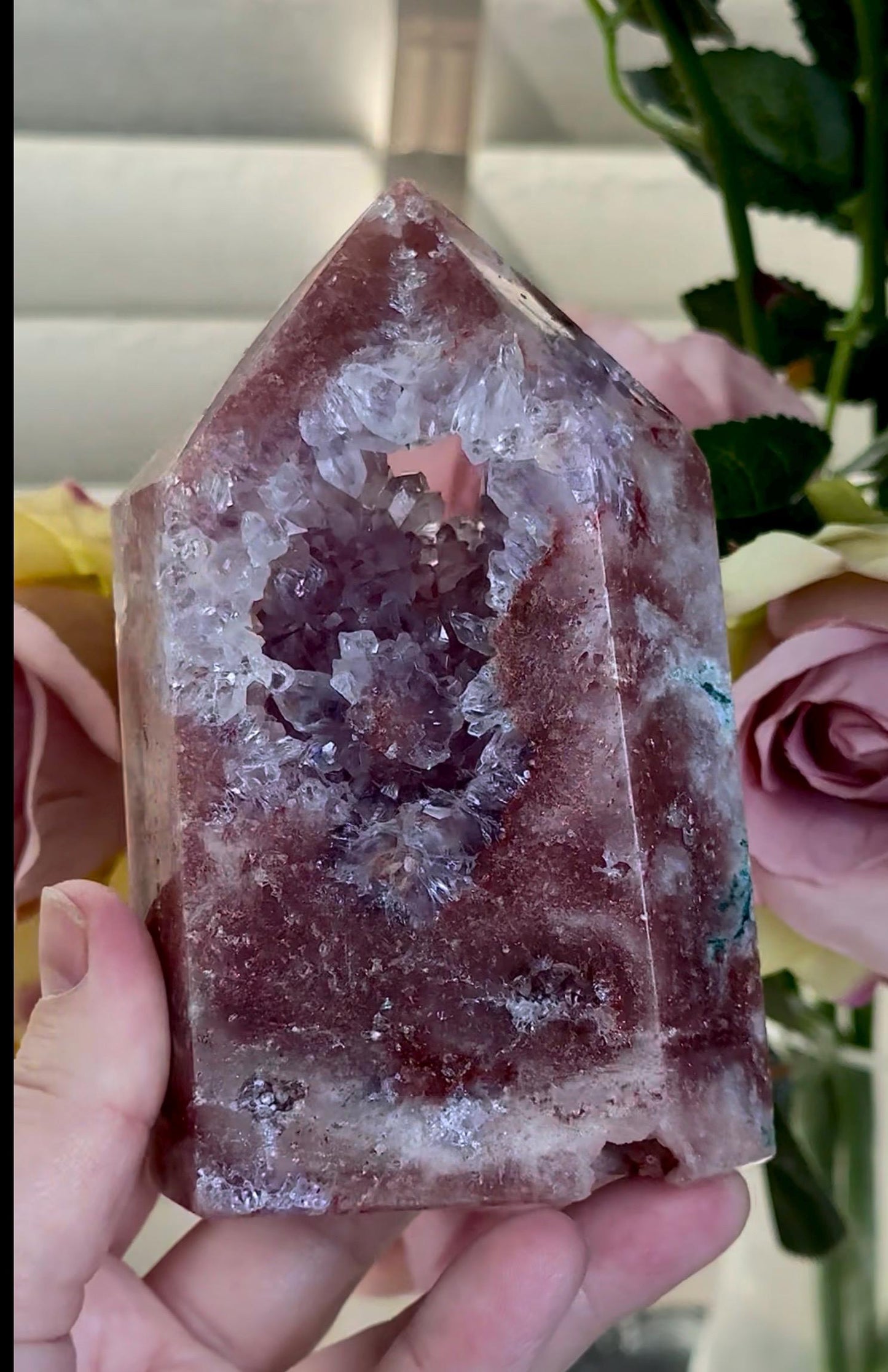 Incredible, High grade, deep pink amethyst tower with purple quartz and flower formation, portal 573g