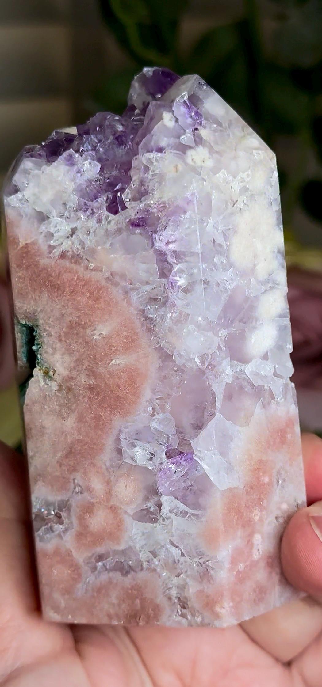 Incredible, High grade, pink amethyst tower with purple quartz, green jasper 434g