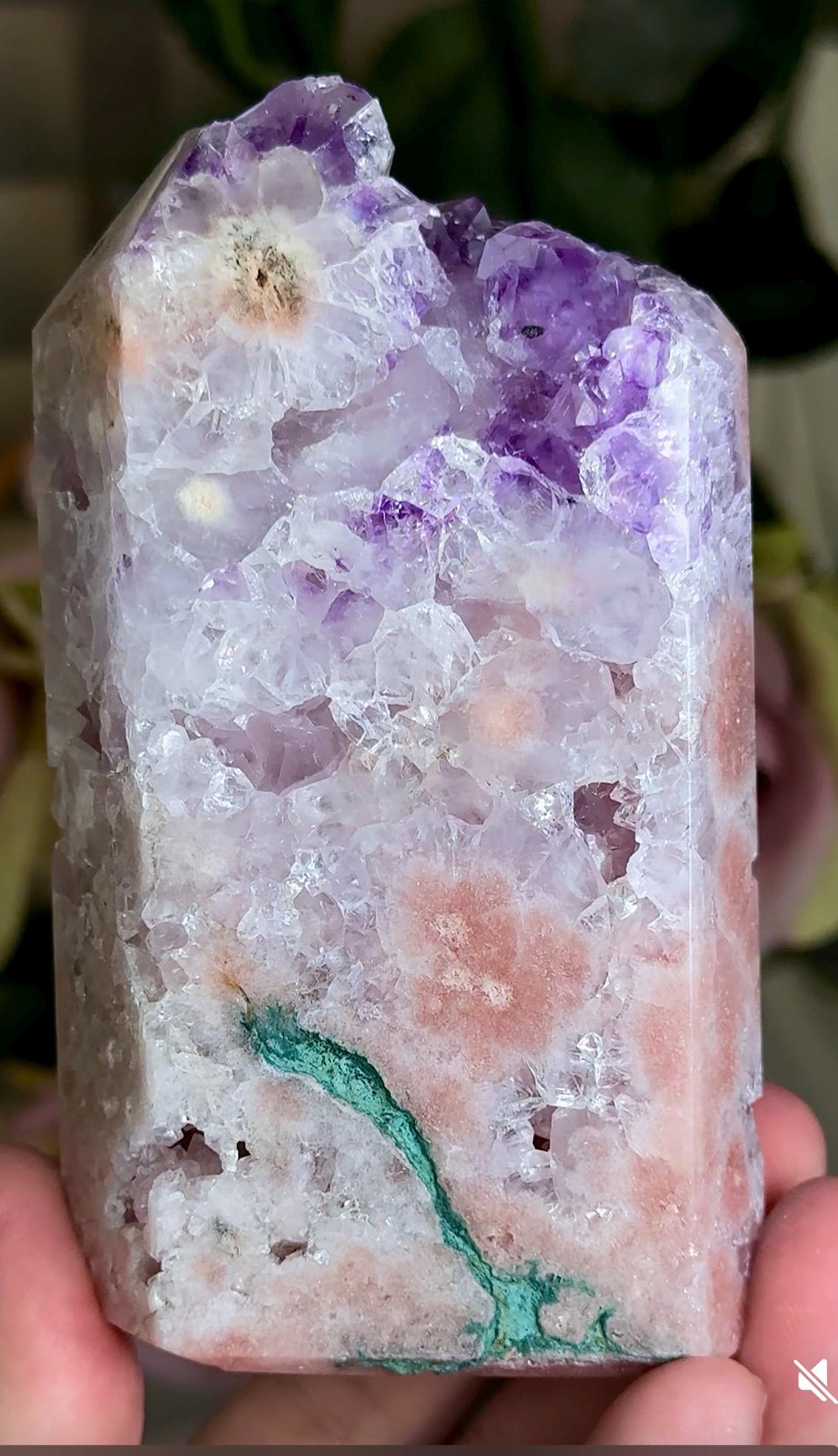 Incredible, High grade, pink amethyst tower with purple quartz, green jasper 434g