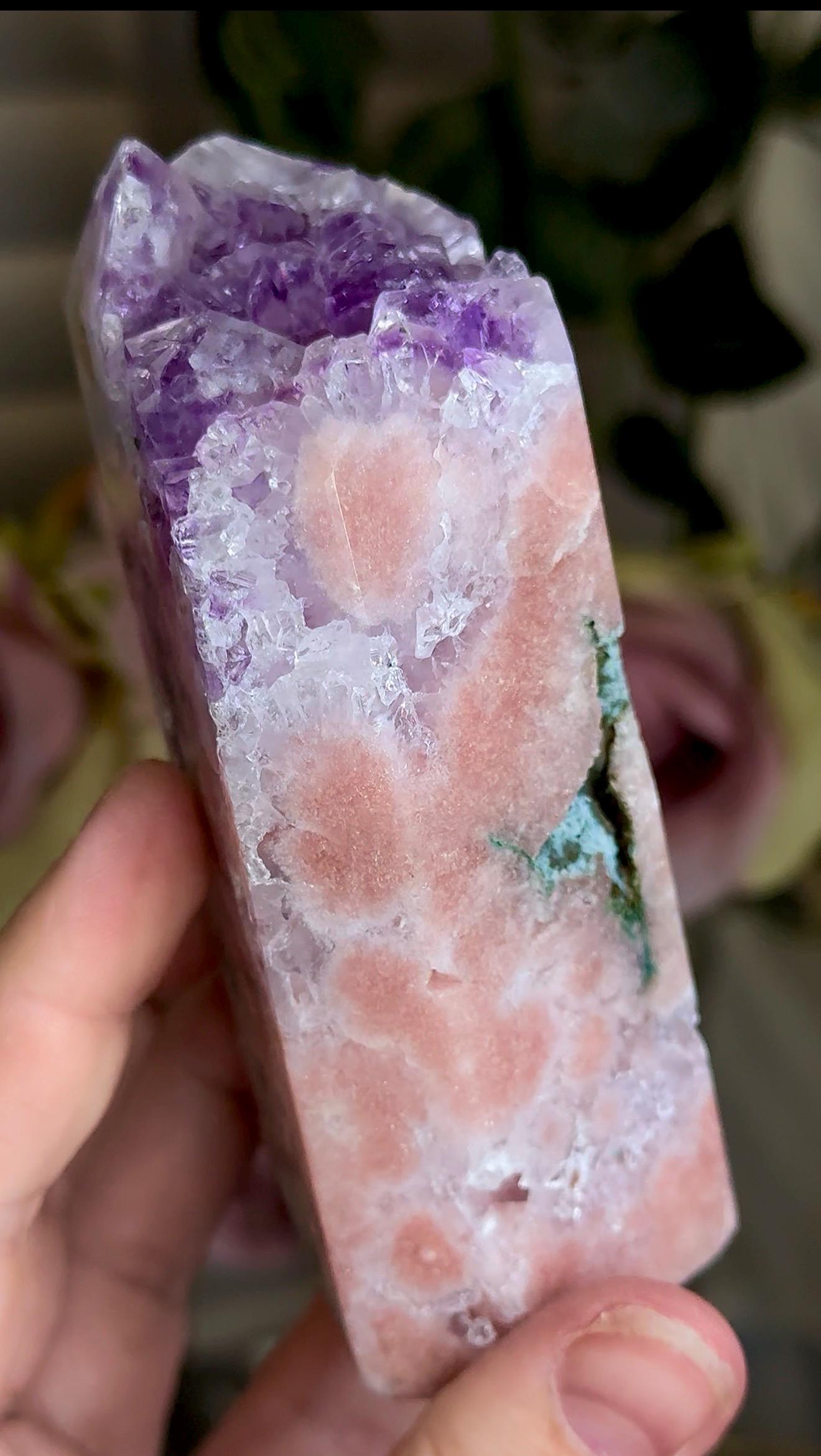 Incredible, High grade, pink amethyst tower with purple quartz, green jasper 434g