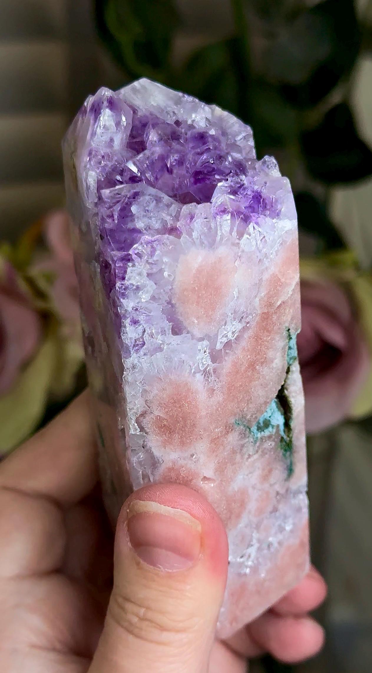 Incredible, High grade, pink amethyst tower with purple quartz, green jasper 434g