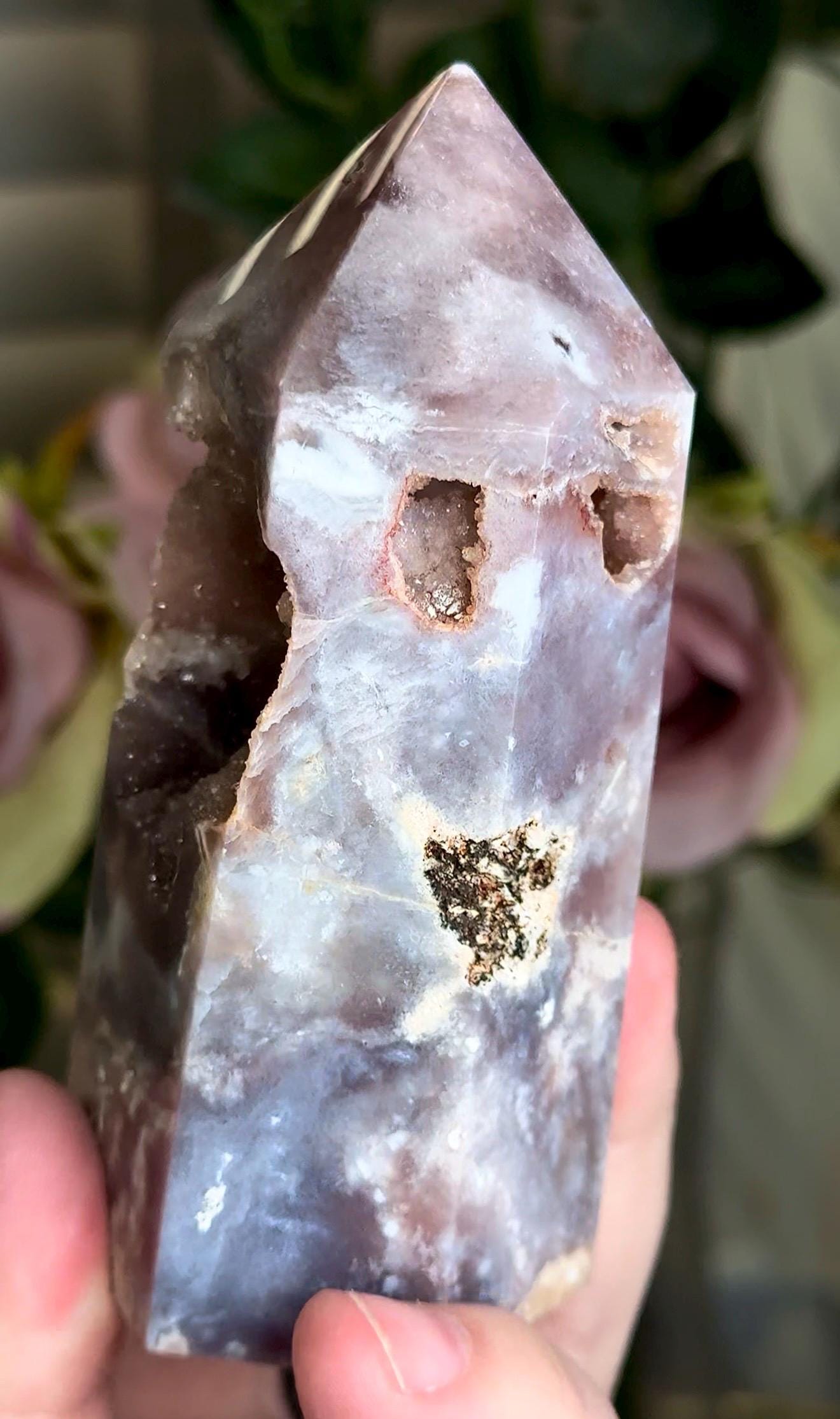 Incredible, High grade, pink amethyst tower in gorgeous moody purple/ble/grey tones with sugar Druze 354g