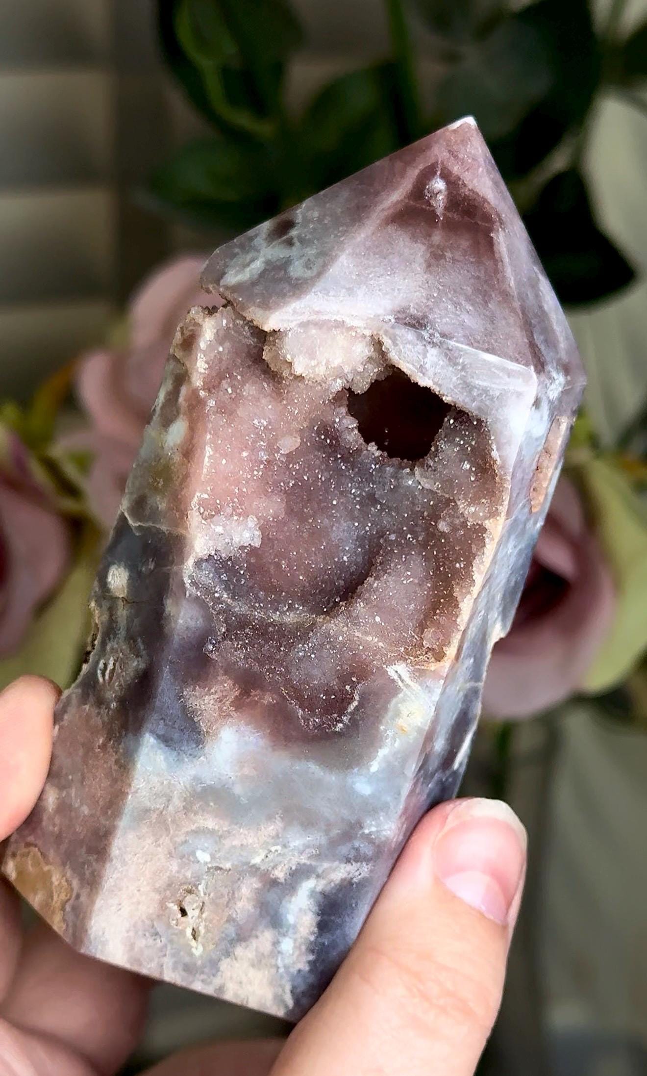 Incredible, High grade, pink amethyst tower in gorgeous moody purple/ble/grey tones with sugar Druze 354g