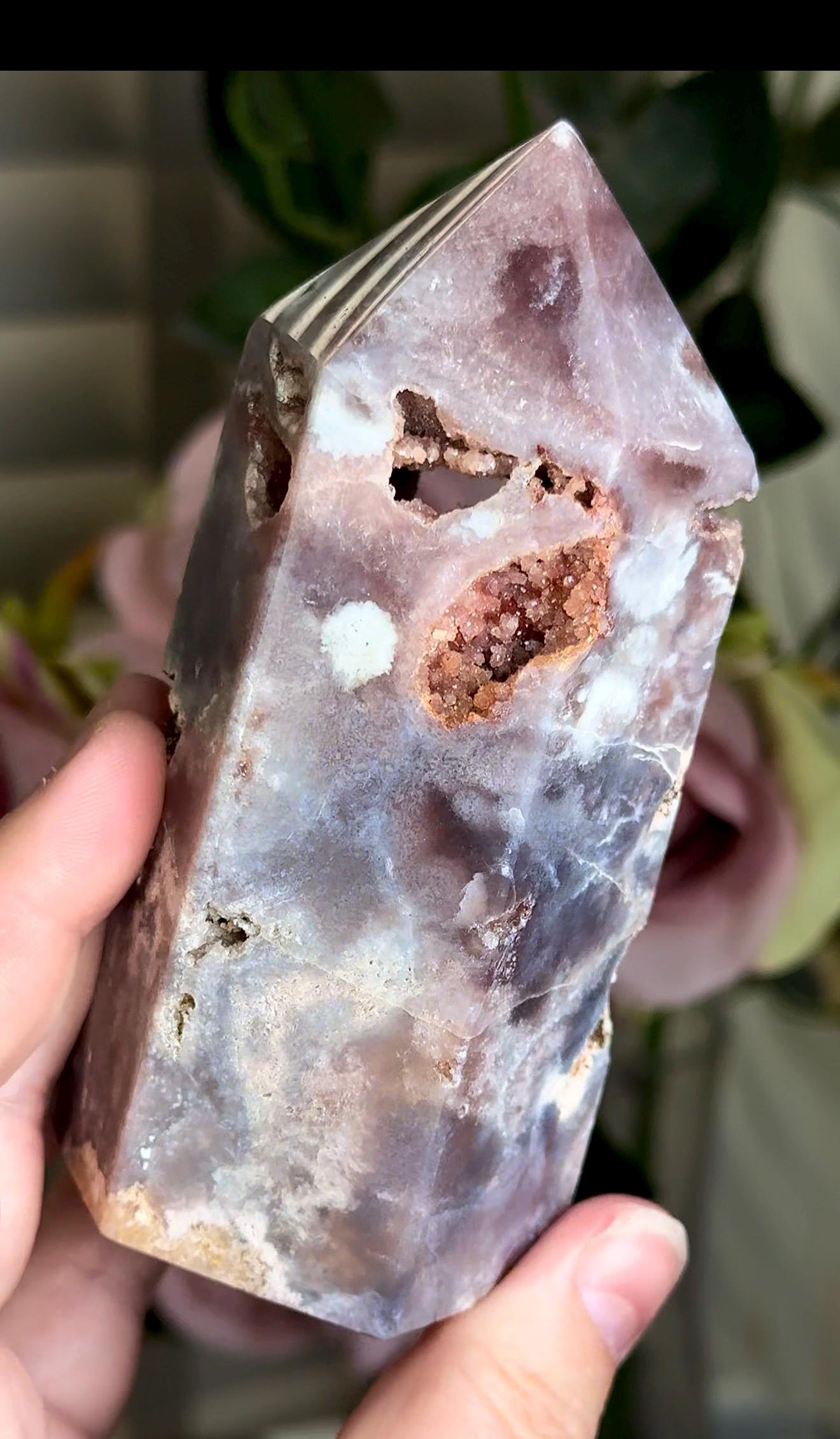 Incredible, High grade, pink amethyst tower in gorgeous moody purple/ble/grey tones with sugar Druze 354g
