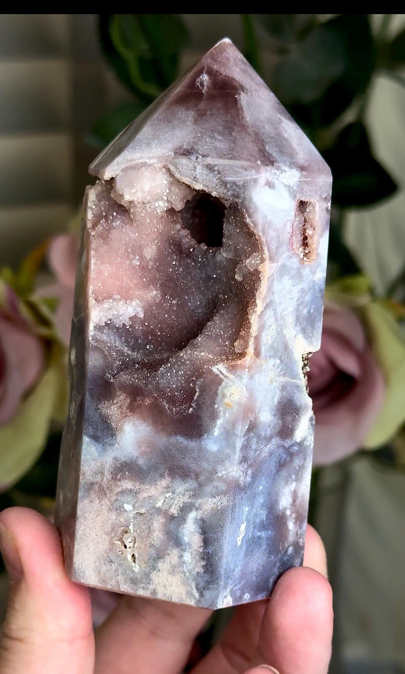 Incredible, High grade, pink amethyst tower in gorgeous moody purple/ble/grey tones with sugar Druze 354g