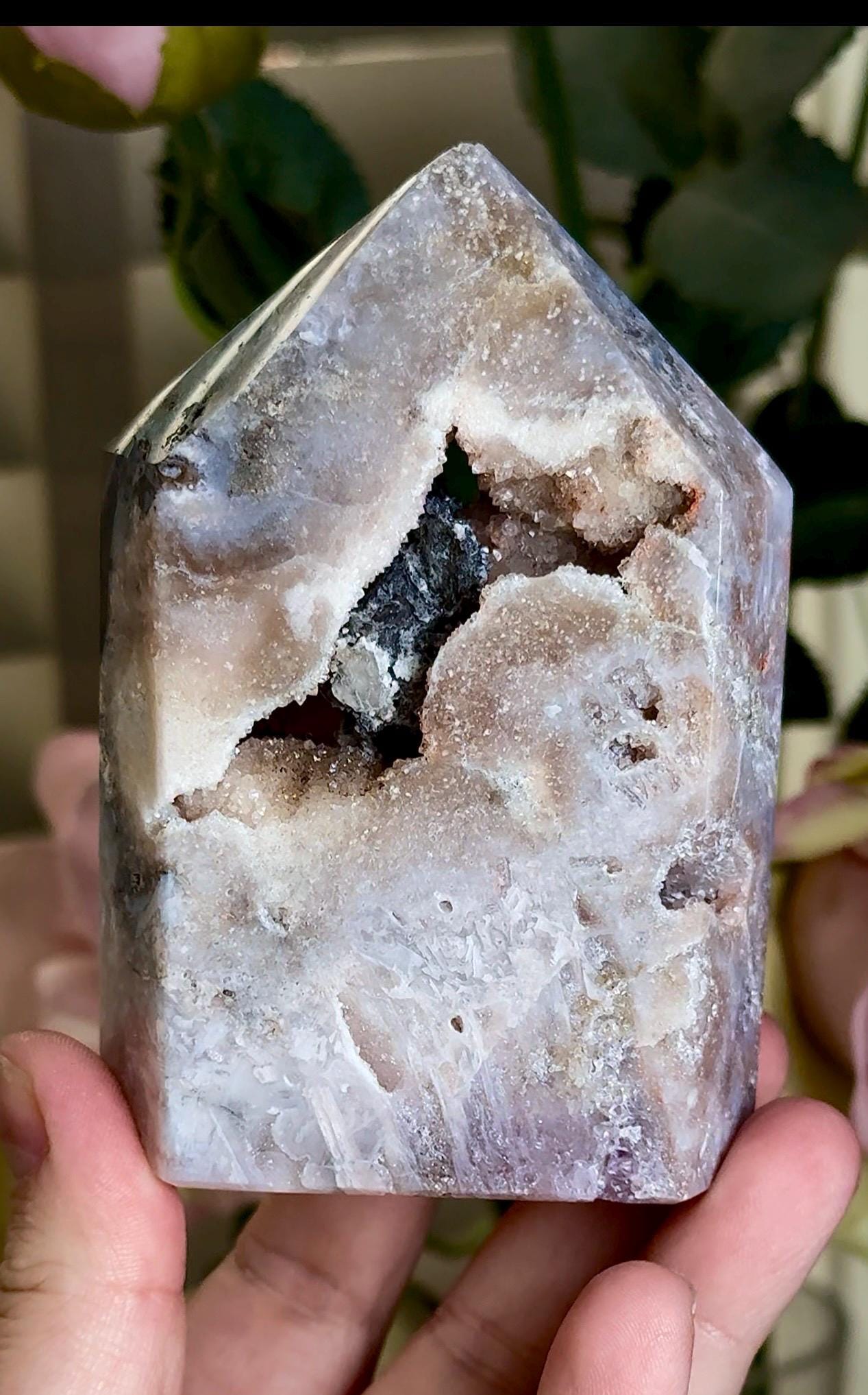 pink amethyst tower, with agate & rutile in neutral tones with black calcite 333g 10cm