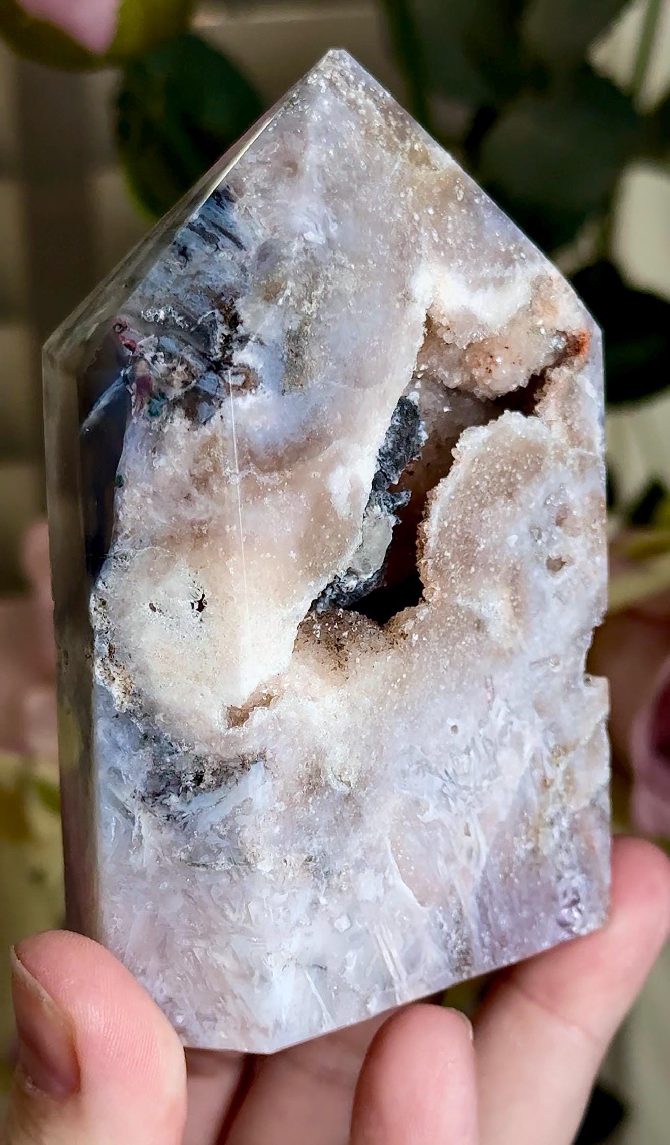 pink amethyst tower, with agate & rutile in neutral tones with black calcite 333g 10cm