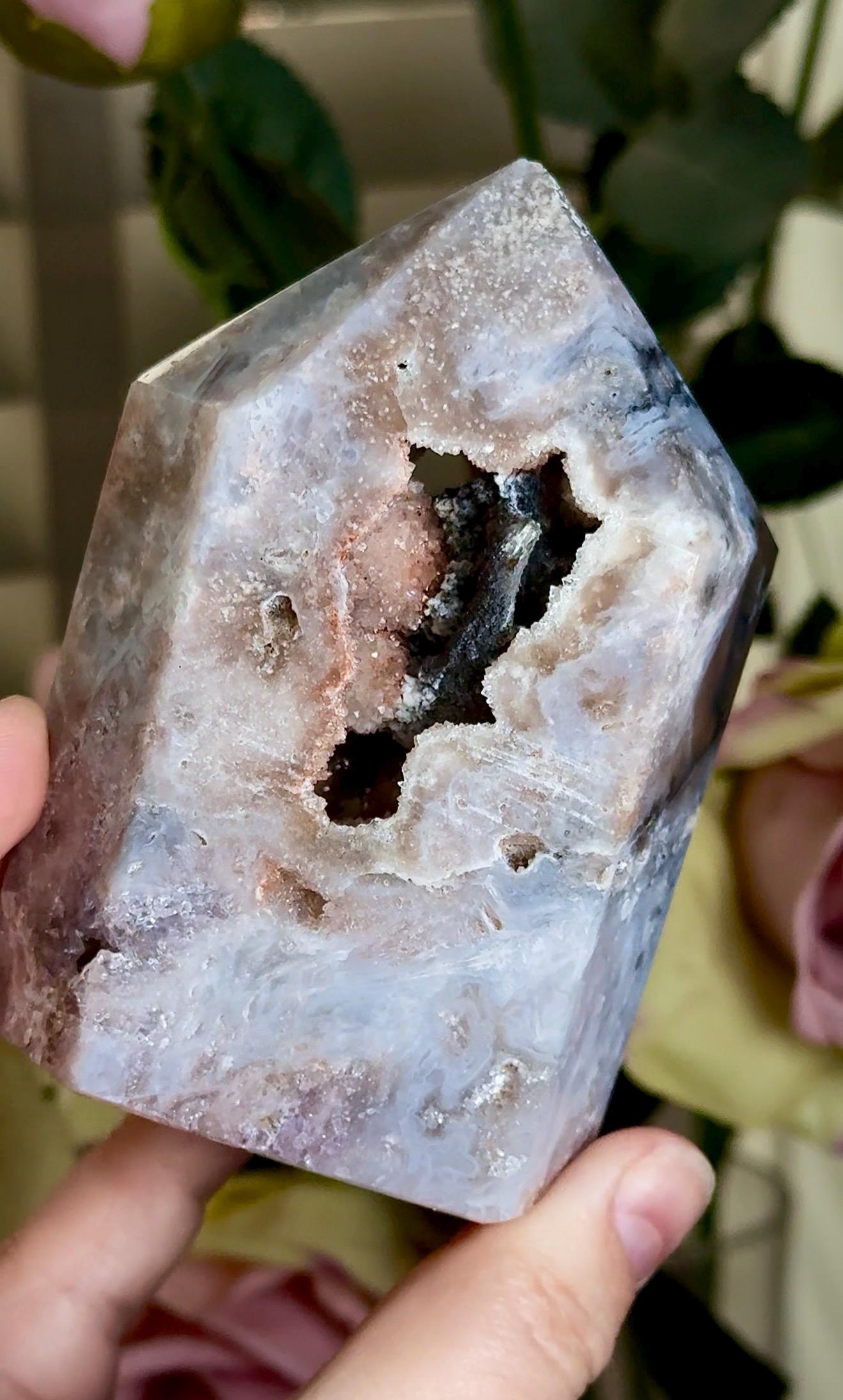 pink amethyst tower, with agate & rutile in neutral tones with black calcite 333g 10cm