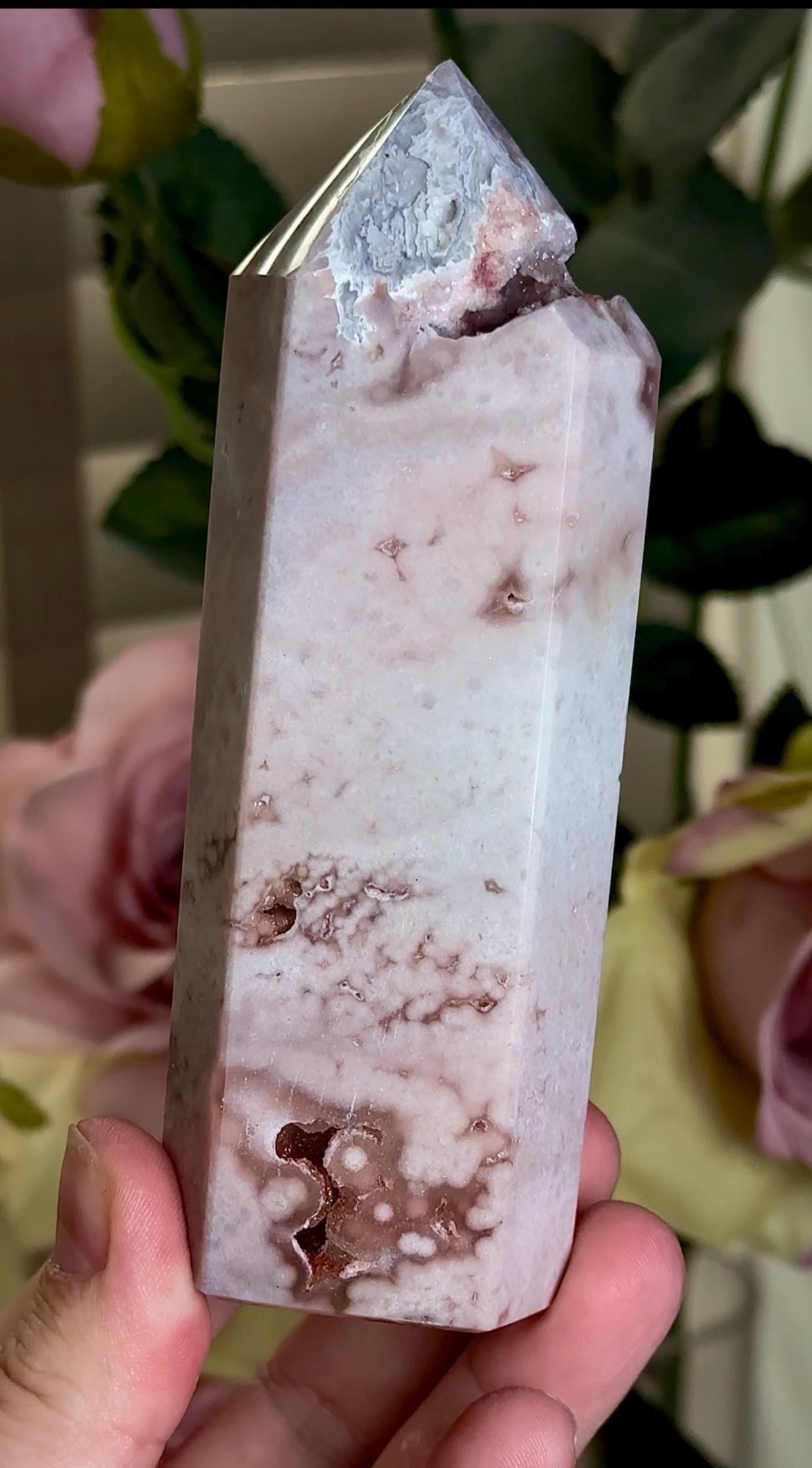 Incredible, pink amethyst tower with some bubble formations in light tones and some rutile 261g 12cm