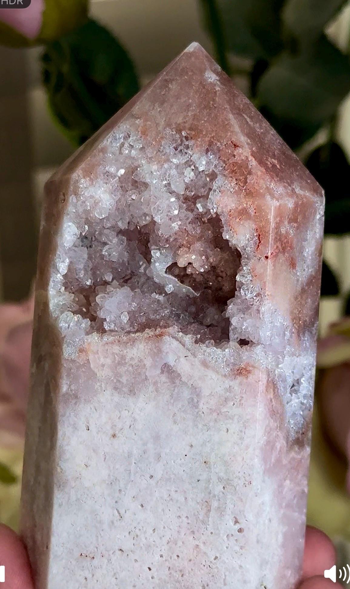pink amethyst tower with quartz Druze 387g 11.7cm