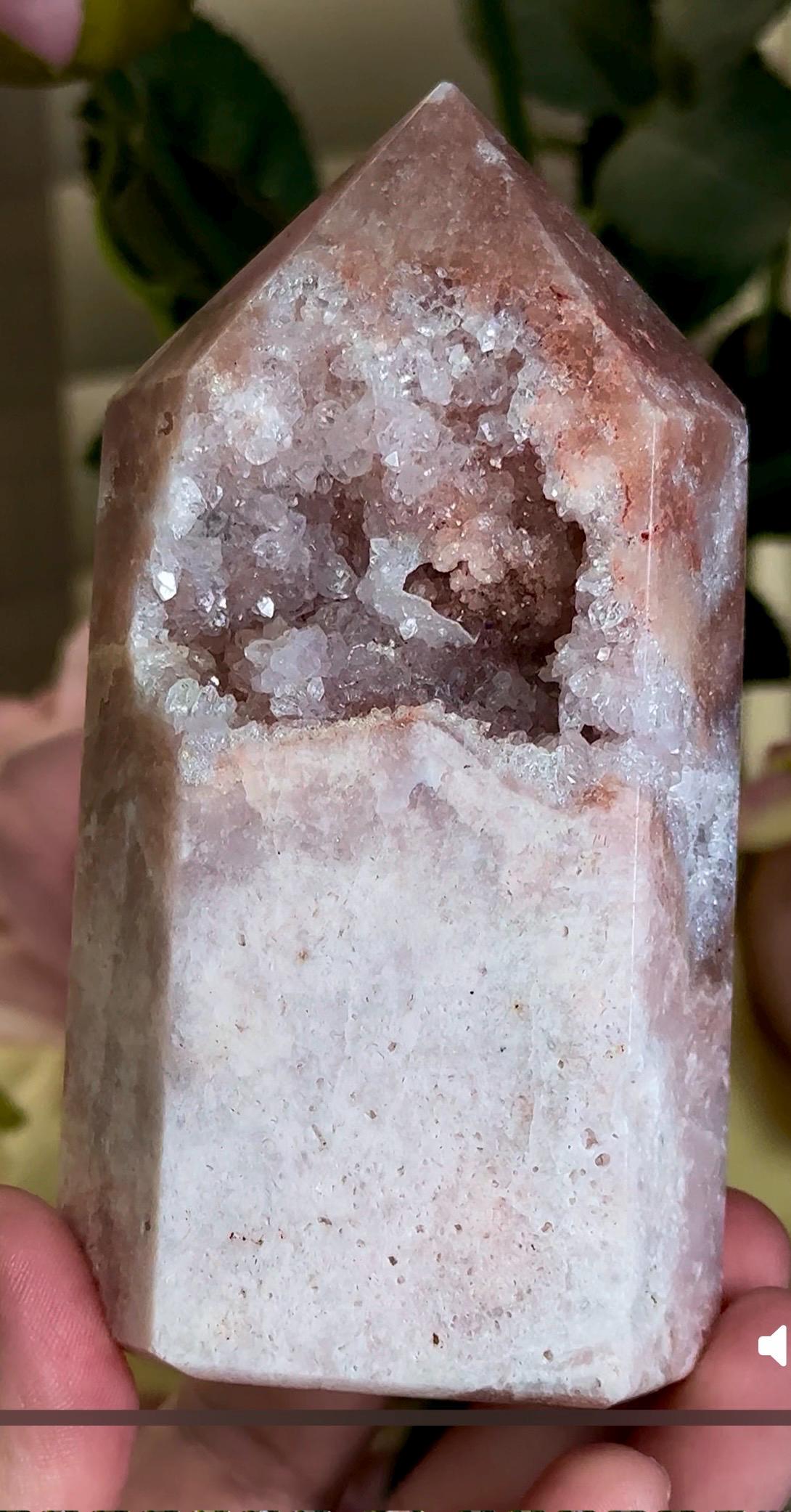 pink amethyst tower with quartz Druze 387g 11.7cm