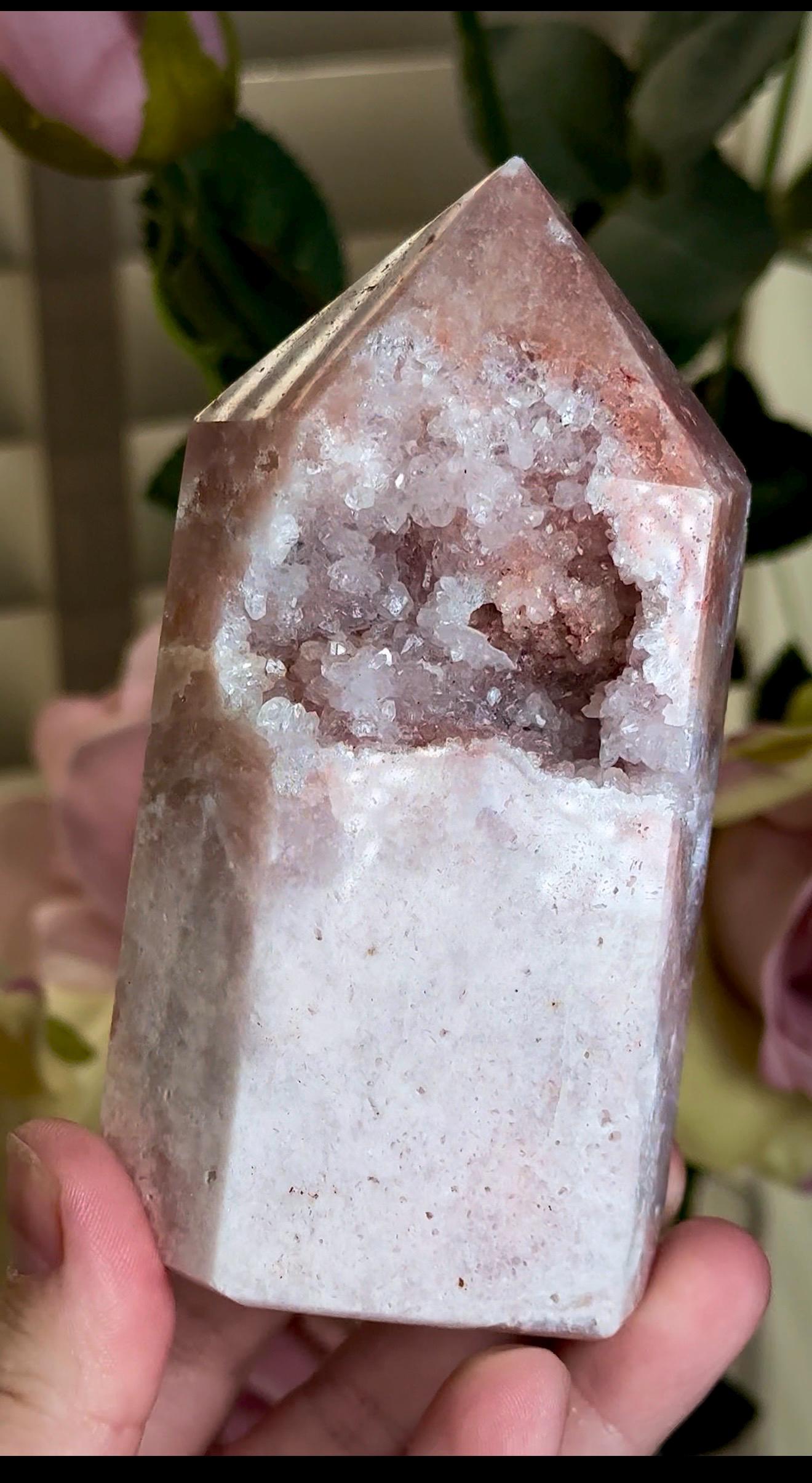 pink amethyst tower with quartz Druze 387g 11.7cm