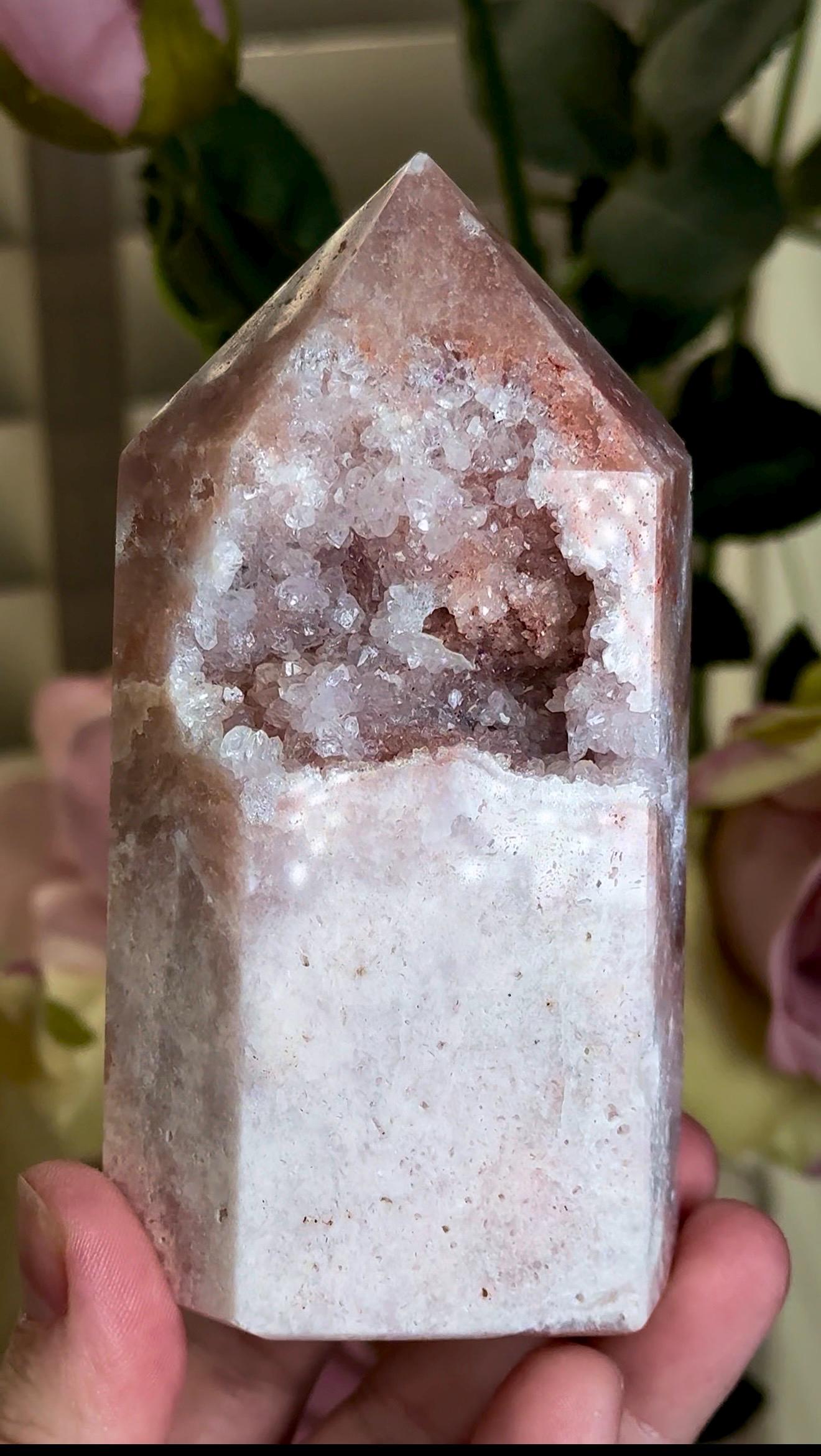 pink amethyst tower with quartz Druze 387g 11.7cm