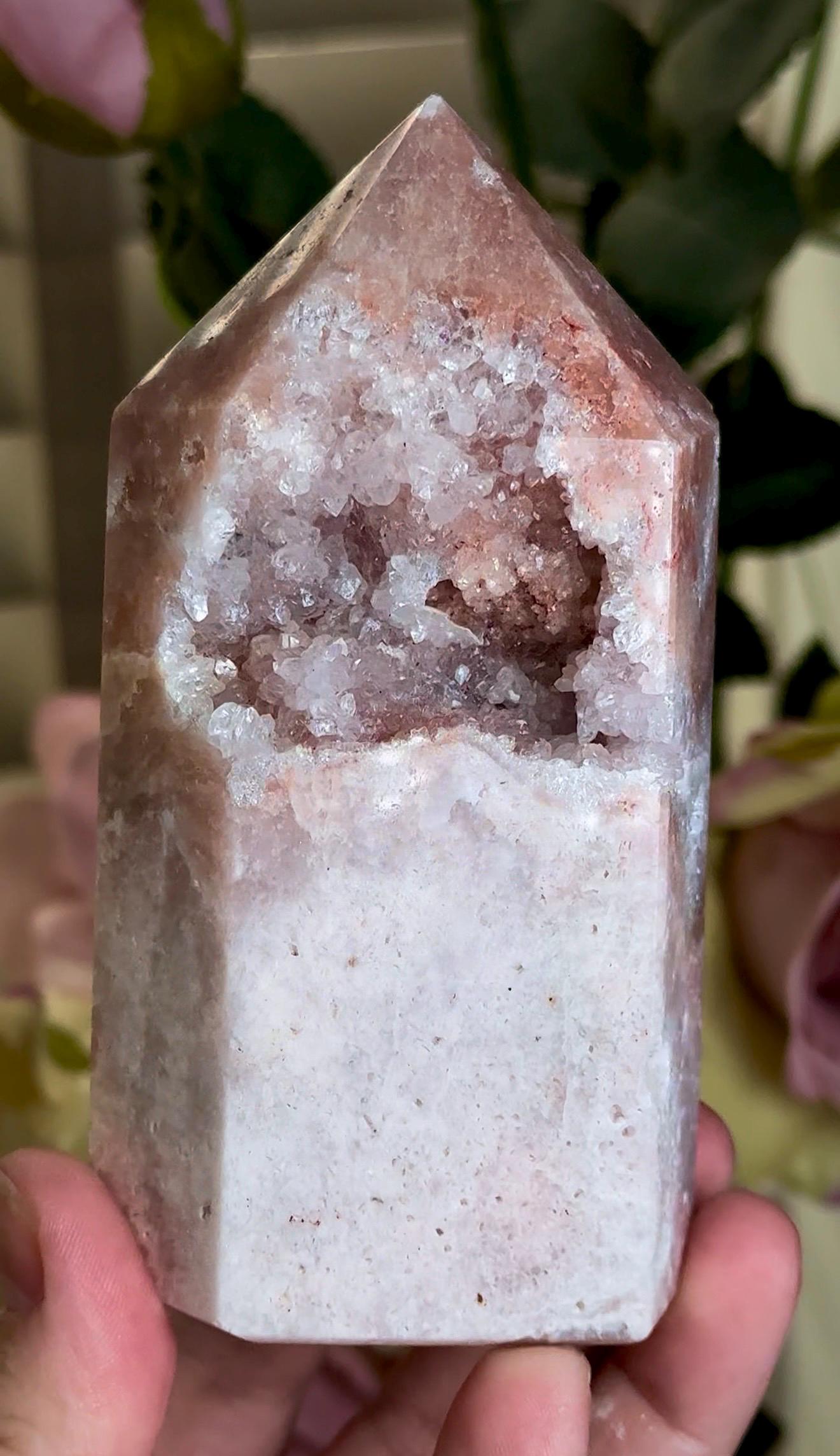 pink amethyst tower with quartz Druze 387g 11.7cm