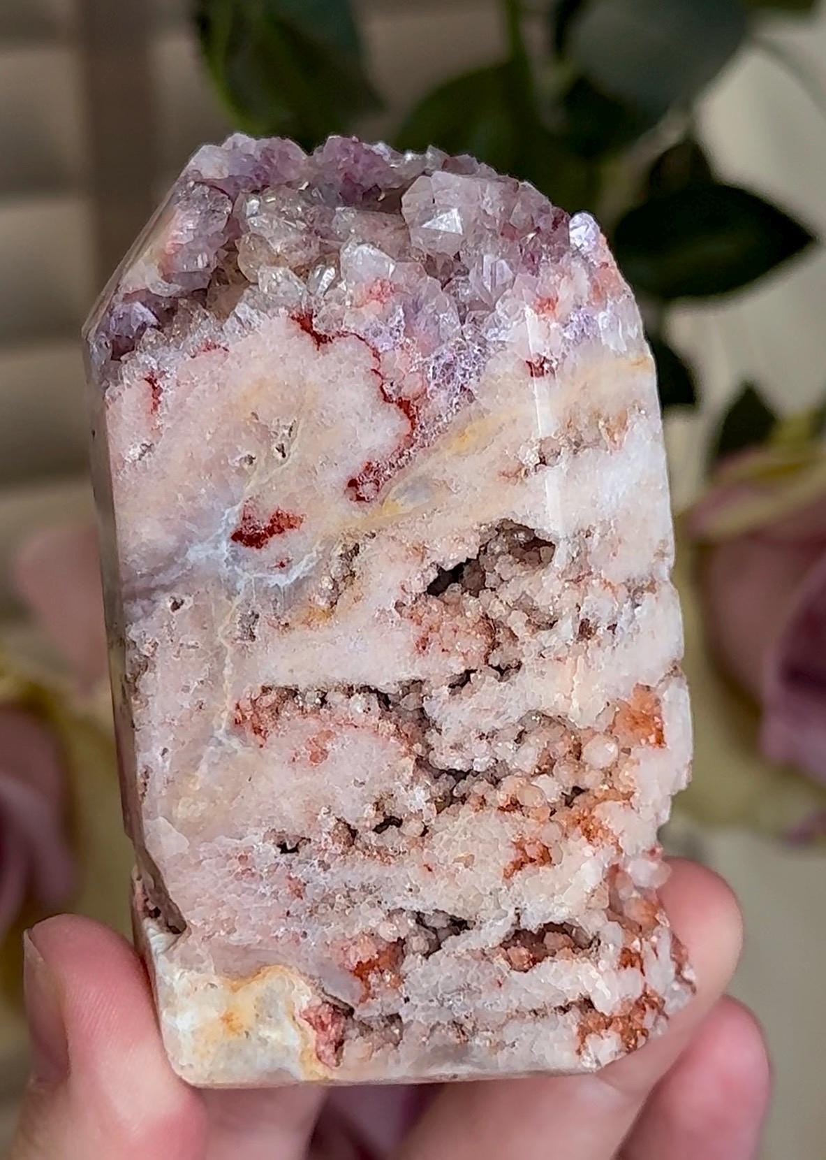 Incredible, High grade, pink amethyst, tower with incredible bubble formations in pink, red, lemon & purple tones 294g 9cm
