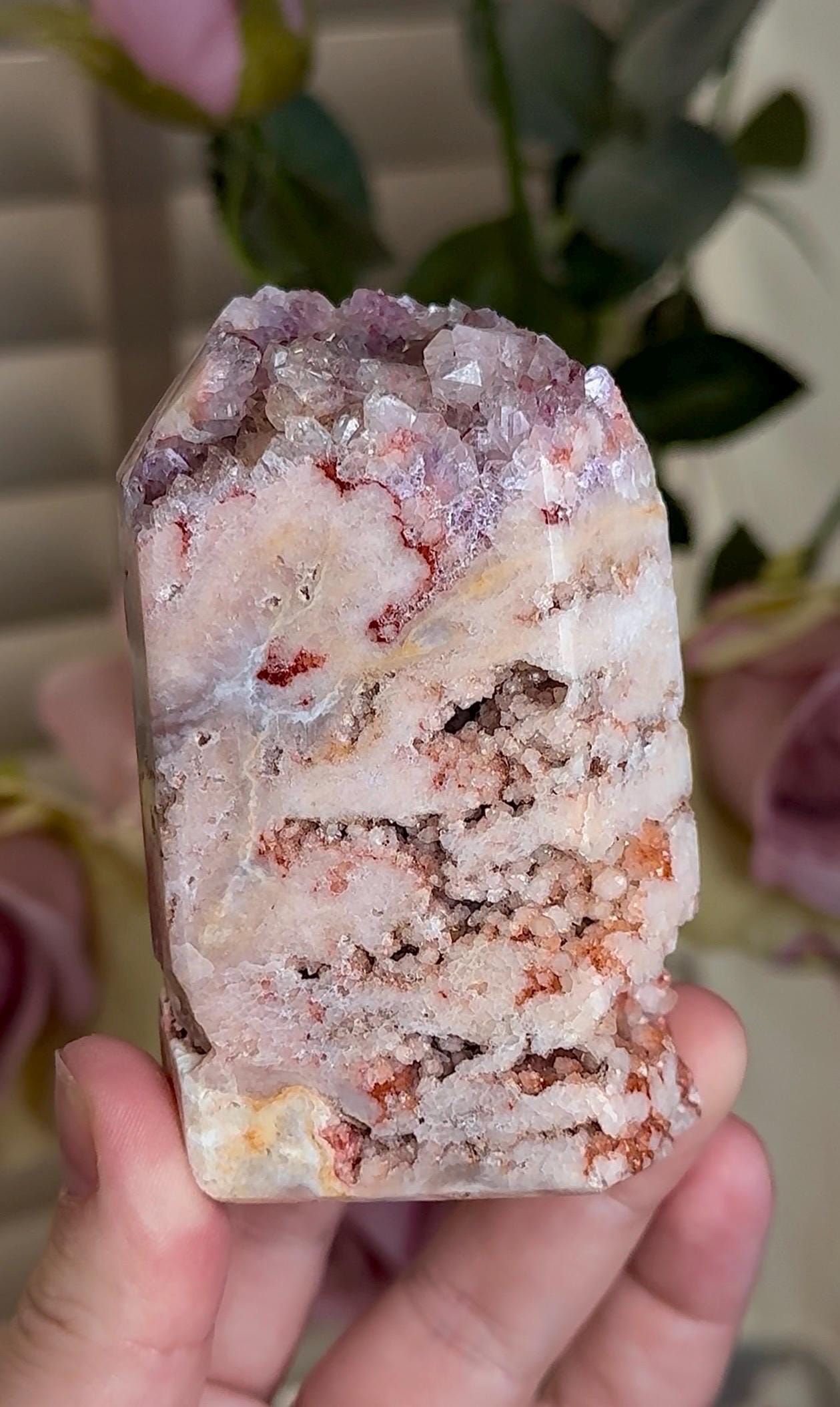 Incredible, High grade, pink amethyst, tower with incredible bubble formations in pink, red, lemon & purple tones 294g 9cm