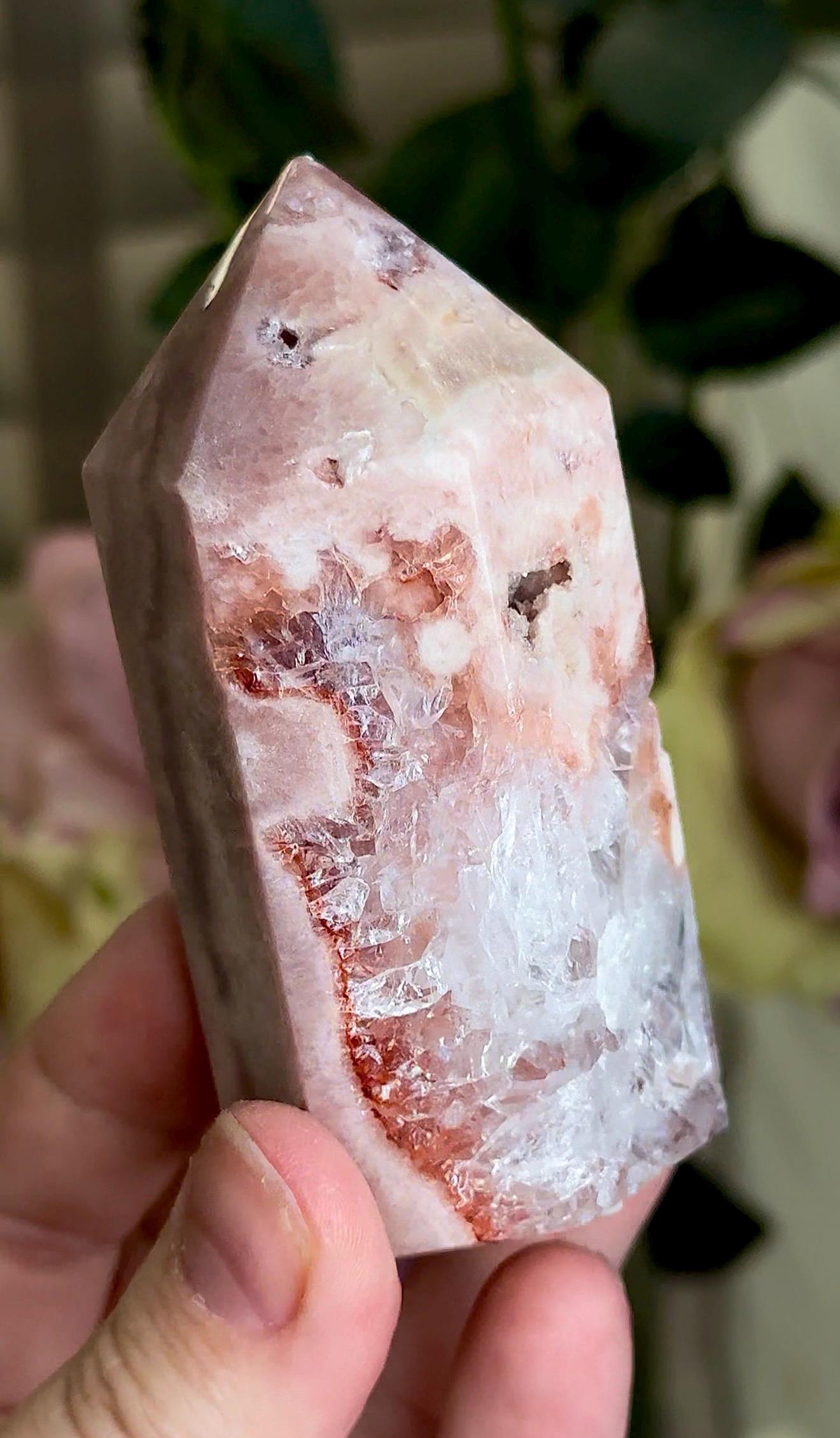 Incredible, pink amethyst, tower with quartz & red hematite 195g 8.5cm