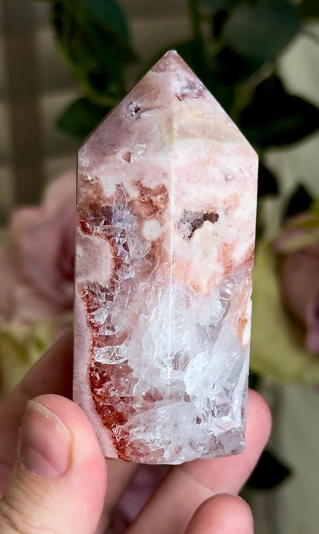 Incredible, pink amethyst, tower with quartz & red hematite 195g 8.5cm
