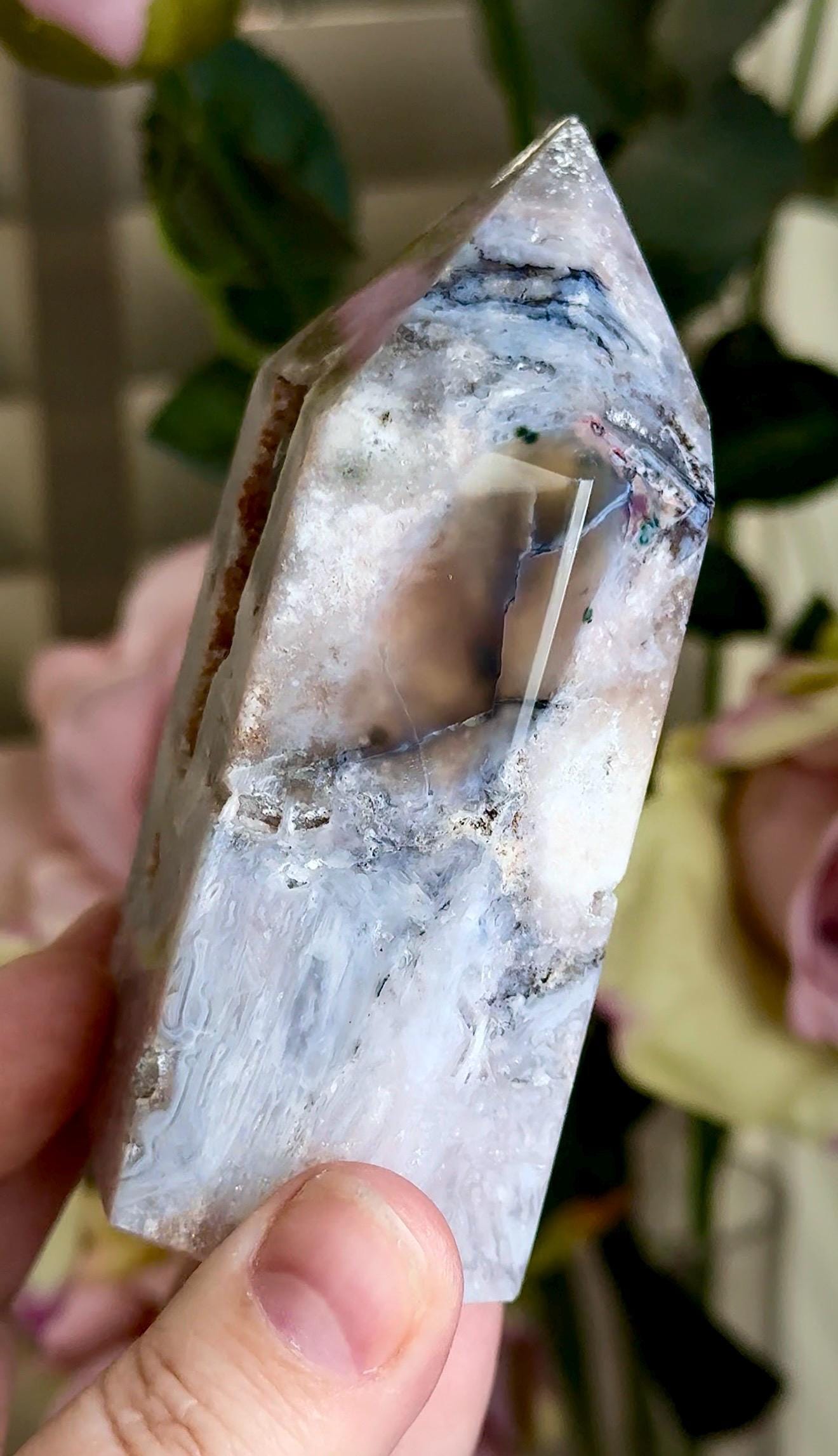 pink amethyst tower, with agate & rutile in neutral tones with black calcite 333g 10cm