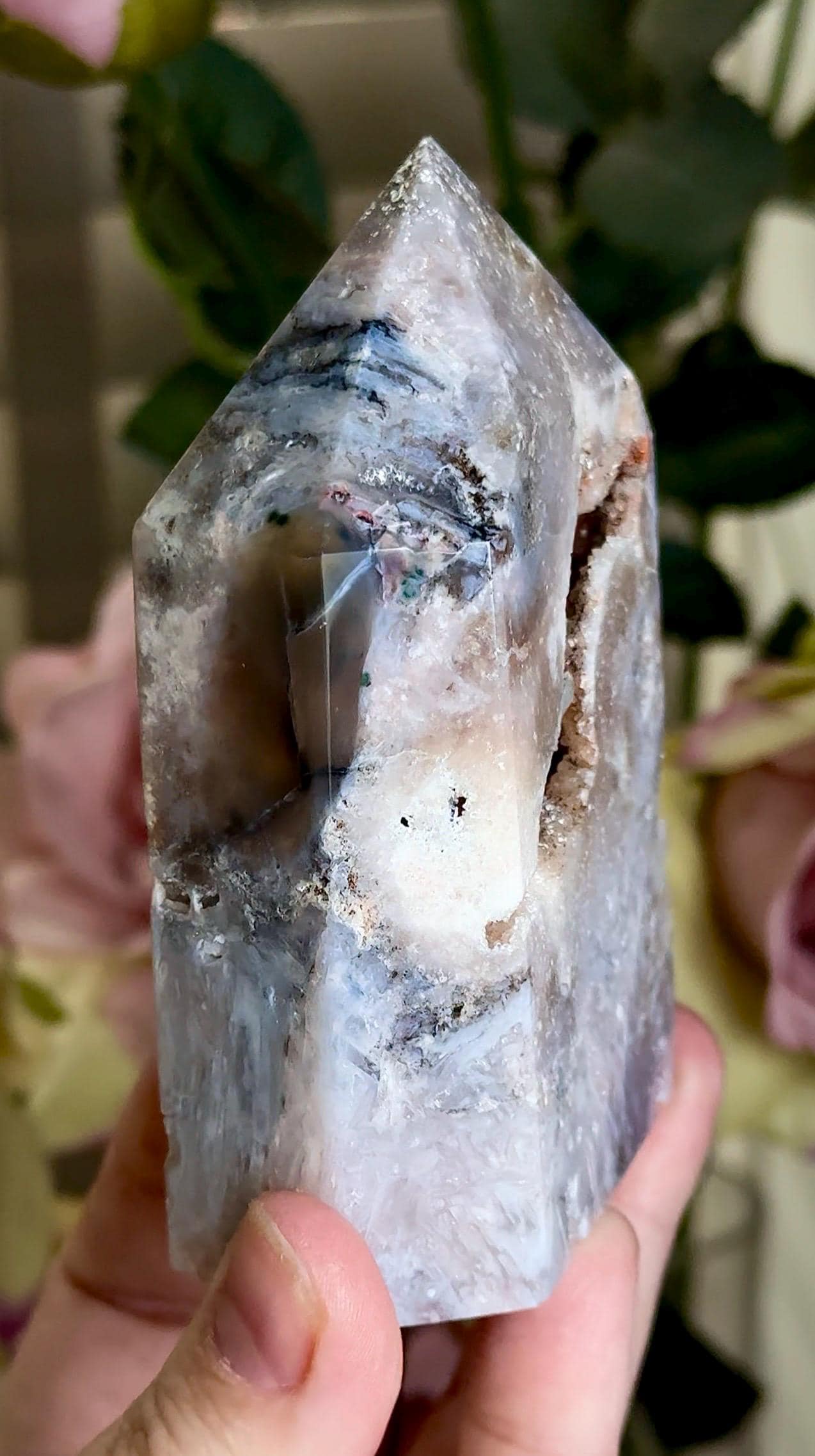 pink amethyst tower, with agate & rutile in neutral tones with black calcite 333g 10cm