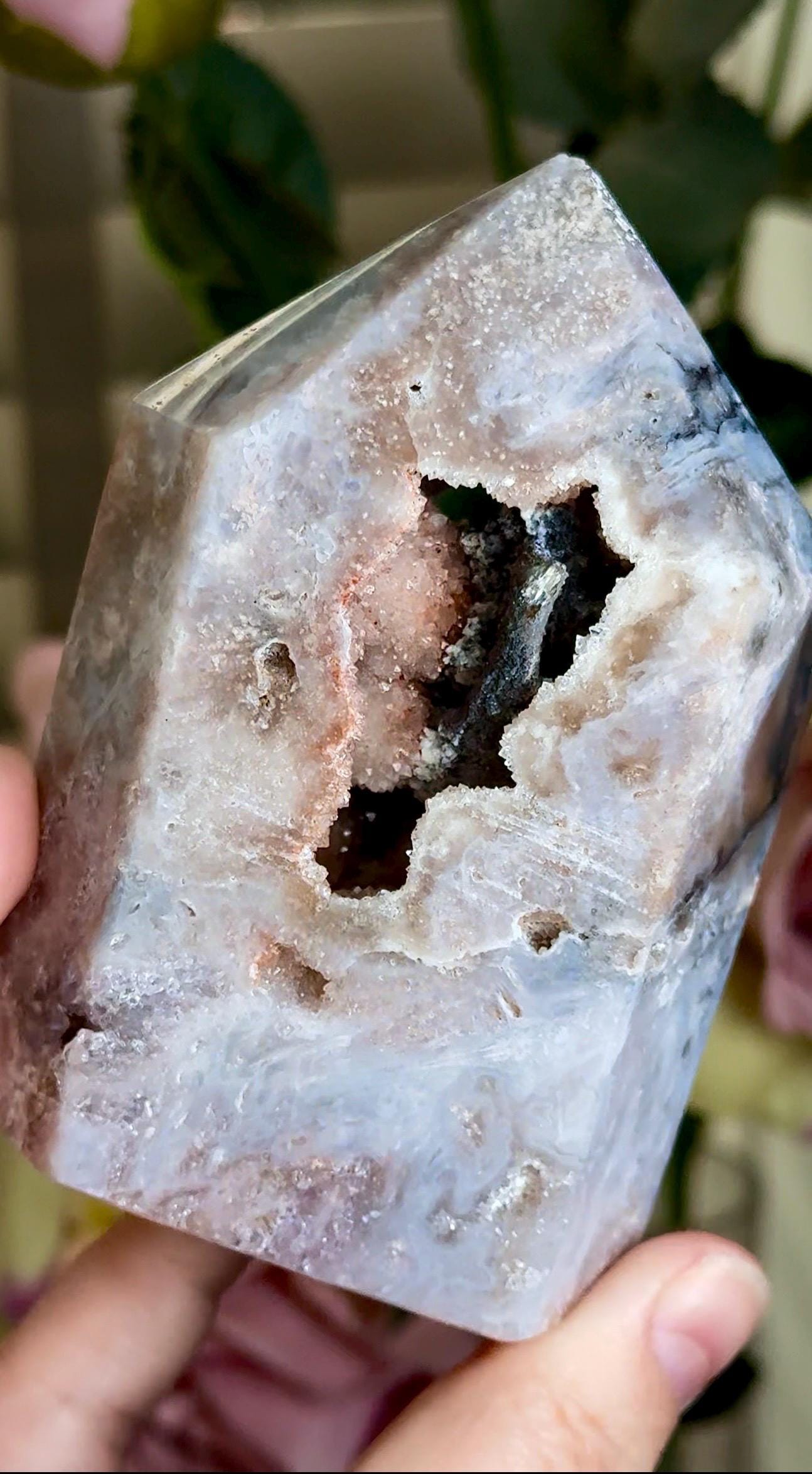 pink amethyst tower, with agate & rutile in neutral tones with black calcite 333g 10cm