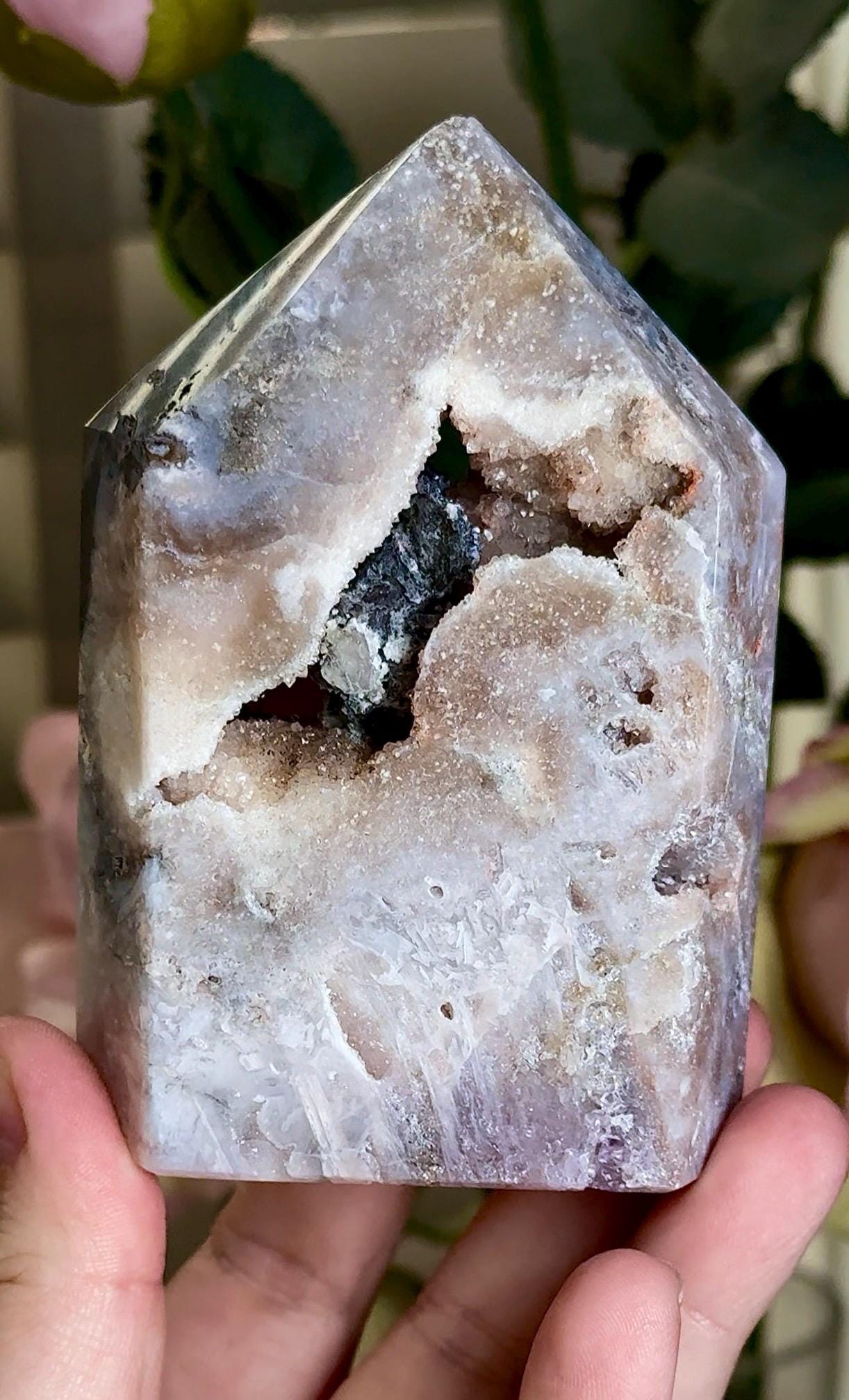 pink amethyst tower, with agate & rutile in neutral tones with black calcite 333g 10cm